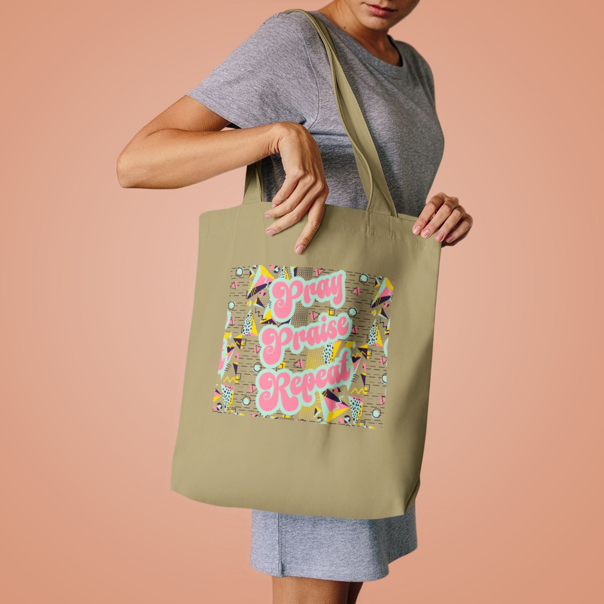 Cotton Tote — "Pray, Praise, Repeat" Colorful Faith Graphic Tote Bag