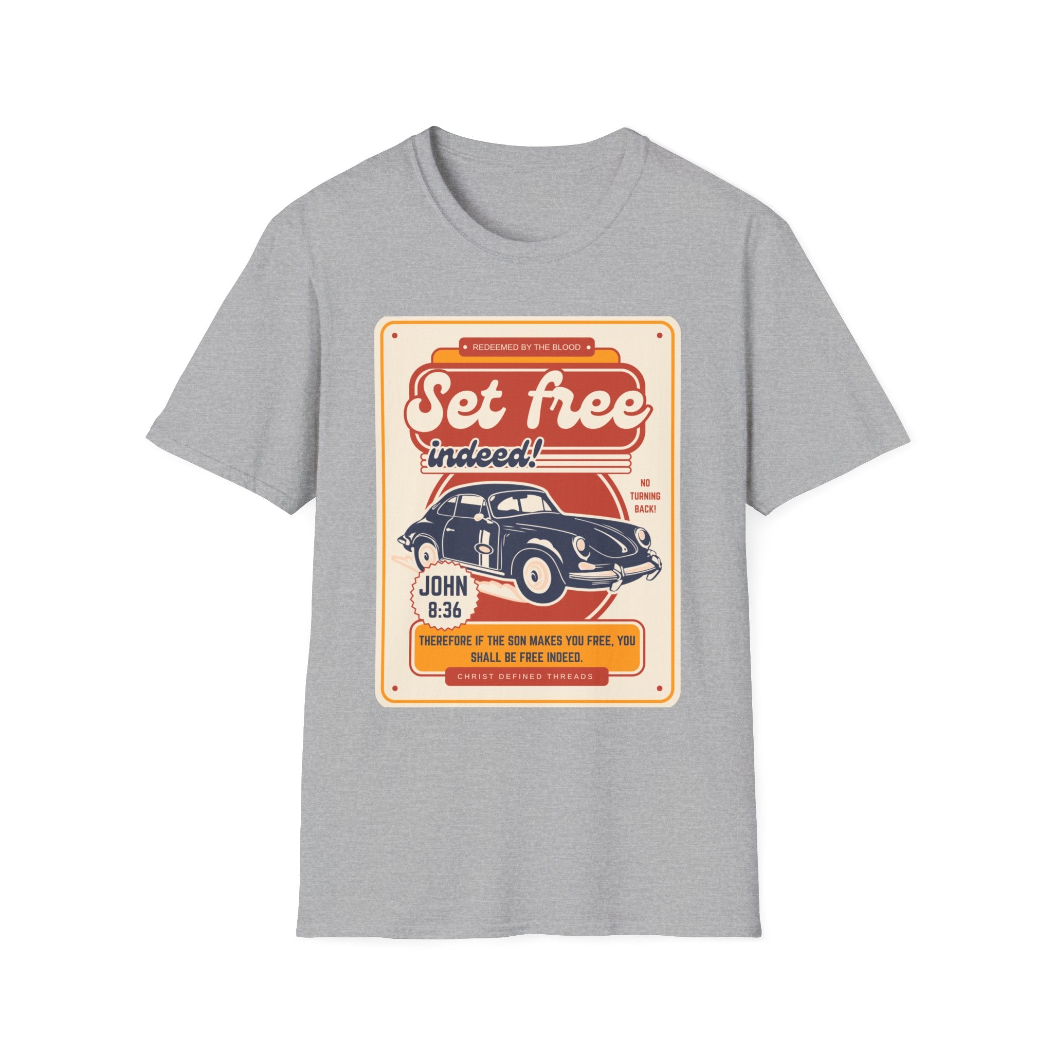 Men's 'Set free Indeed' T‑Shirt — Retro Vintage Car Christian Faith Graphic Tee