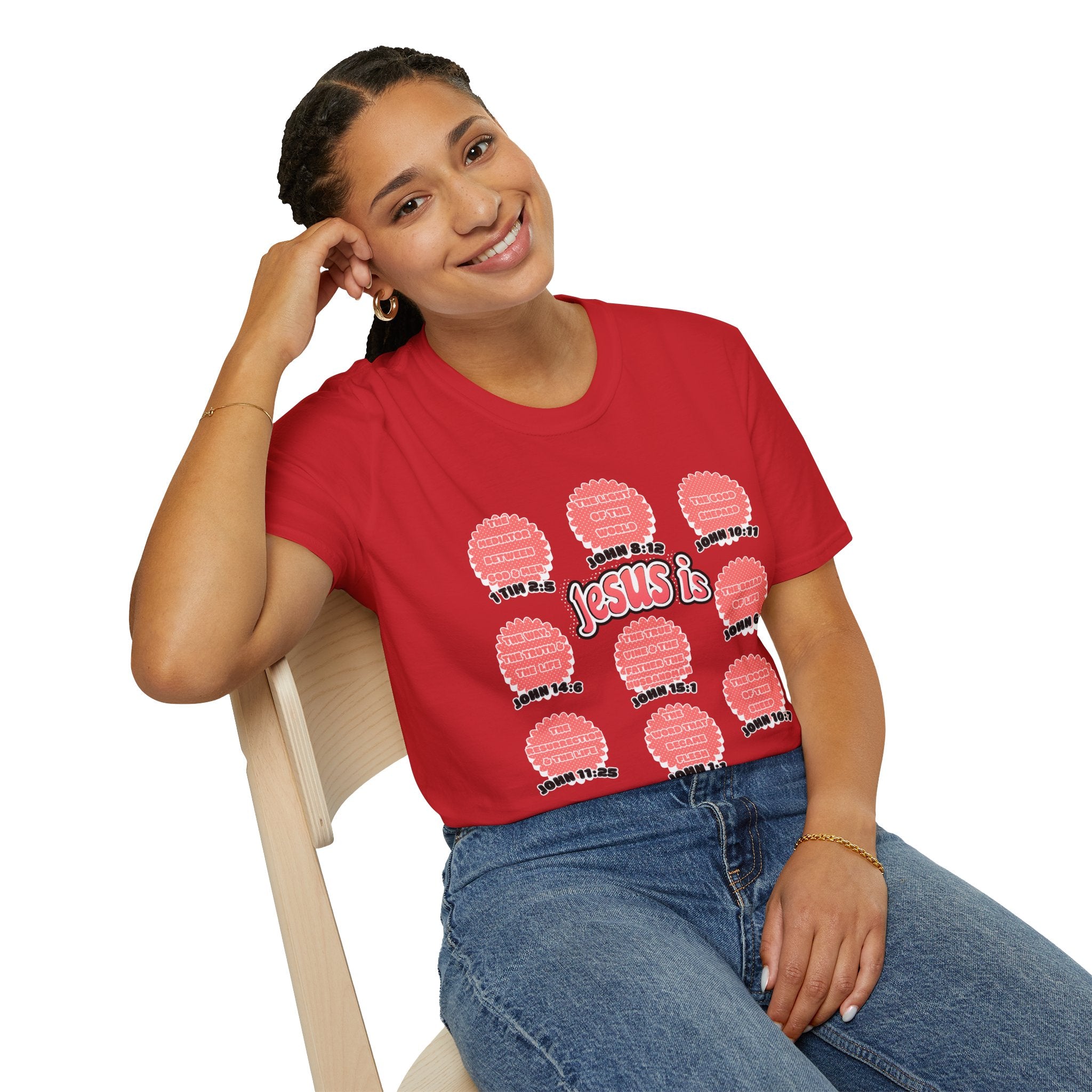 Women's 'Jesus is' T-Shirt — Inspirational Christian Scripture Tee (John 3:16, John 10:27)