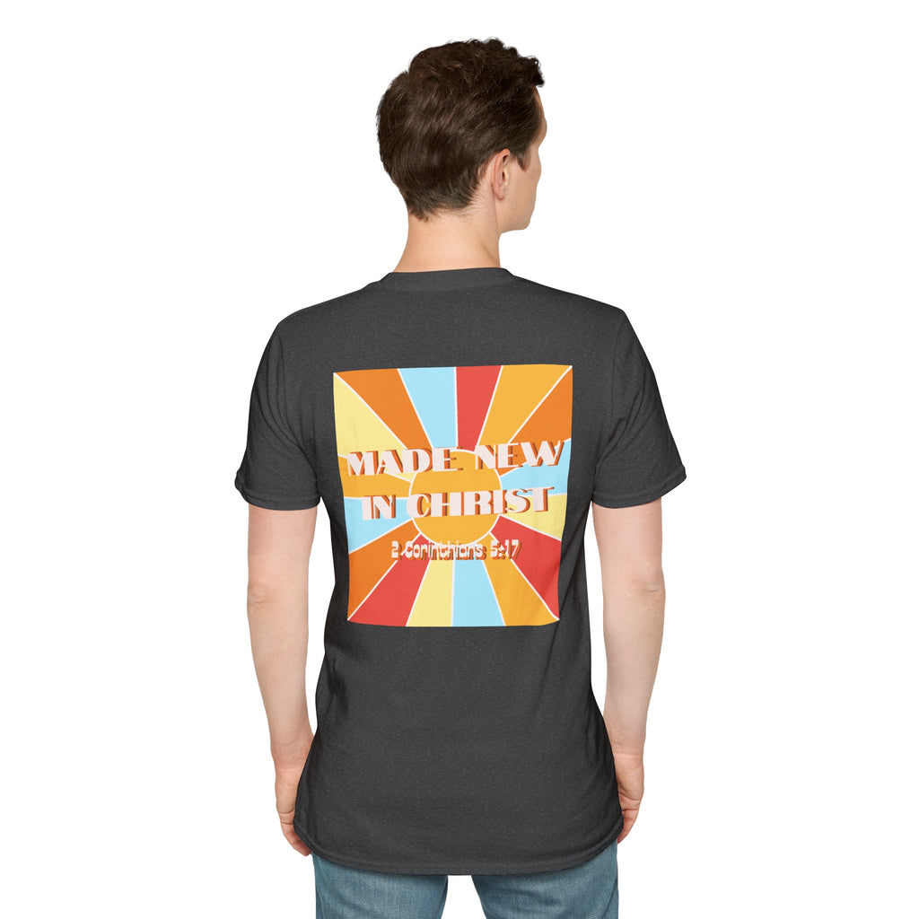 Men's Hello New Me Retro Tee — BACK: 2 Corinthians 5:17