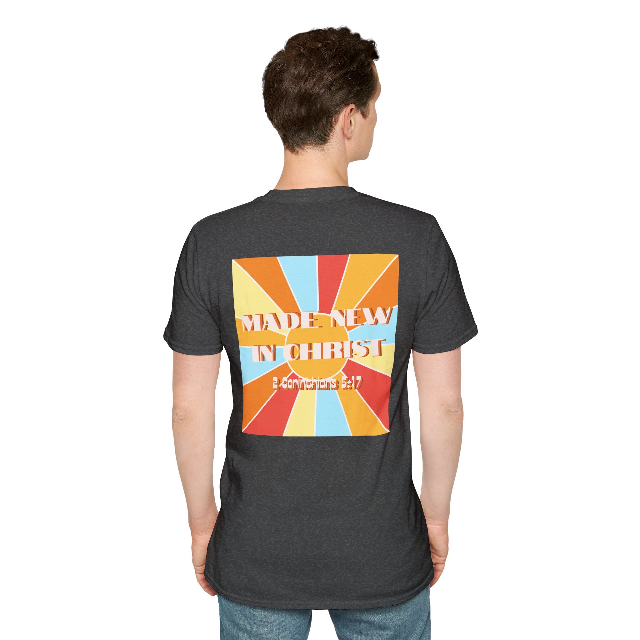 Men's Hello New Me Retro Tee — BACK: 2 Corinthians 5:17