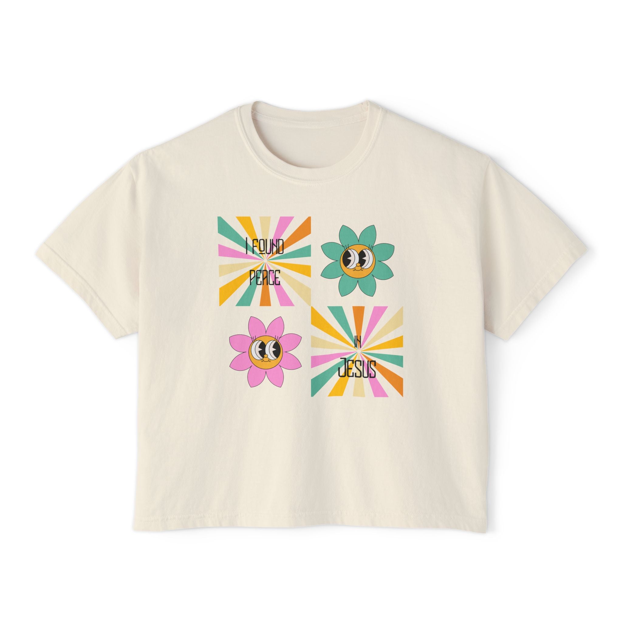 Retro "I found peace in Jesus" Boxy Tee — Woman's  Retro SqaureFlower Design