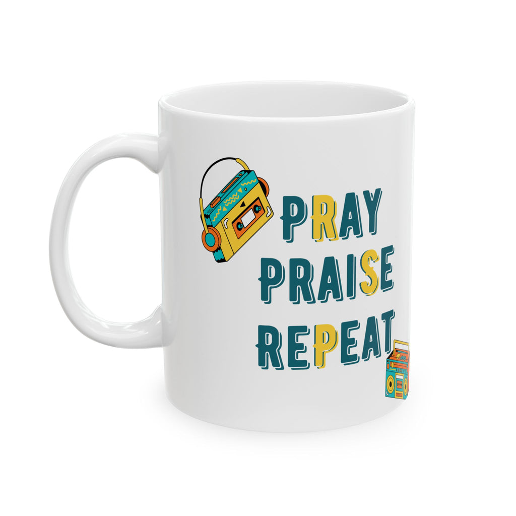 Retro Boombox Ceramic Mug – 'Pray Praise Repeat' Coffee Cup (11oz/15oz)