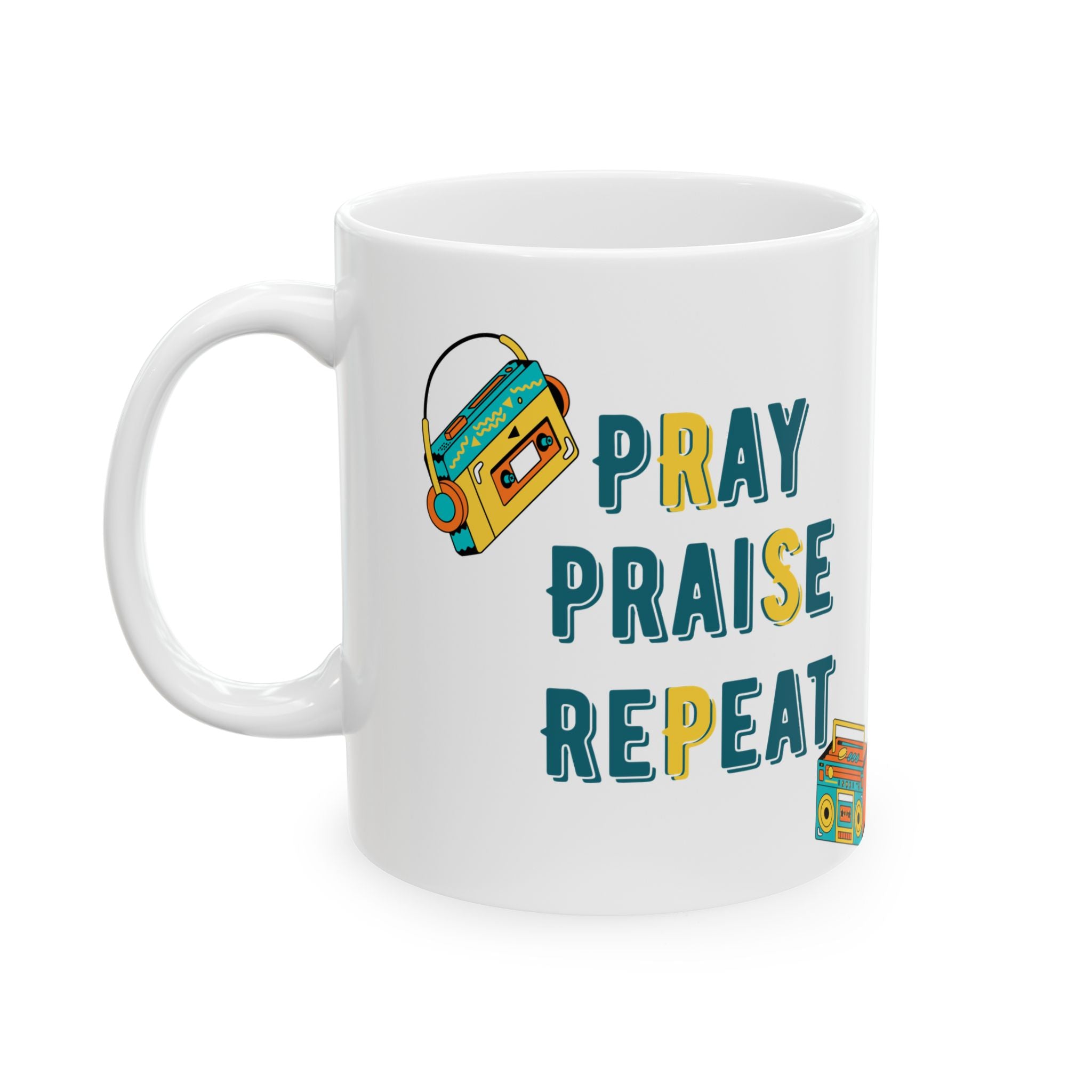 Retro Boombox Ceramic Mug – 'Pray Praise Repeat' Coffee Cup (11oz/15oz)