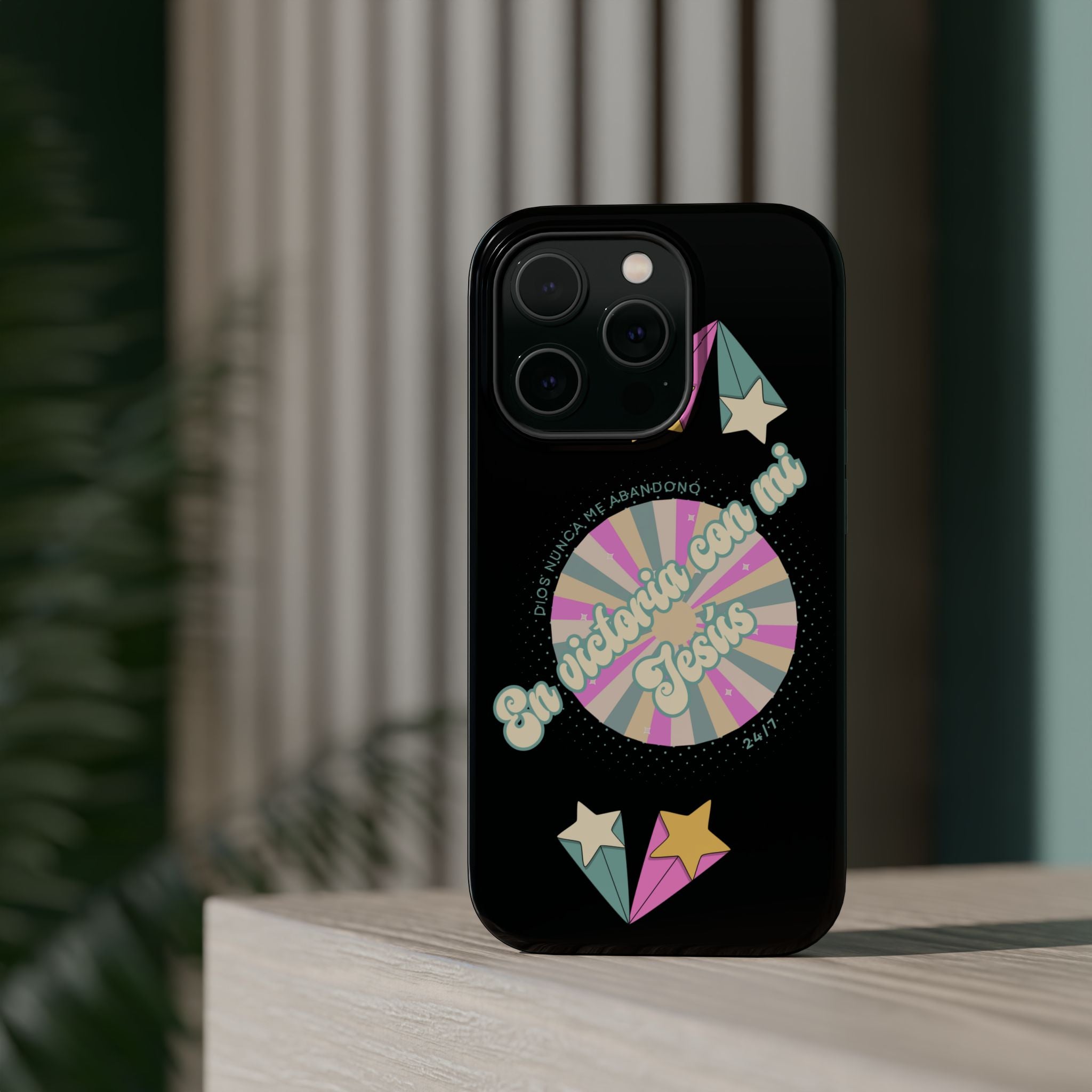 Mujeres Cover de Telefono Magnético e Impacto Resistente— "En Victoria con mi Jesús" Retro Star Design