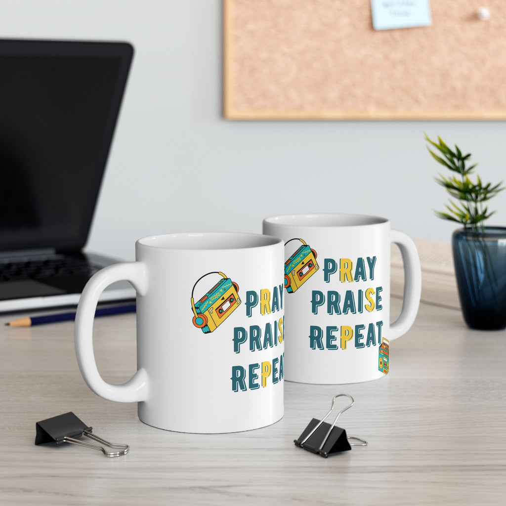 Retro Boombox Ceramic Mug – 'Pray Praise Repeat' Coffee Cup (11oz/15oz)