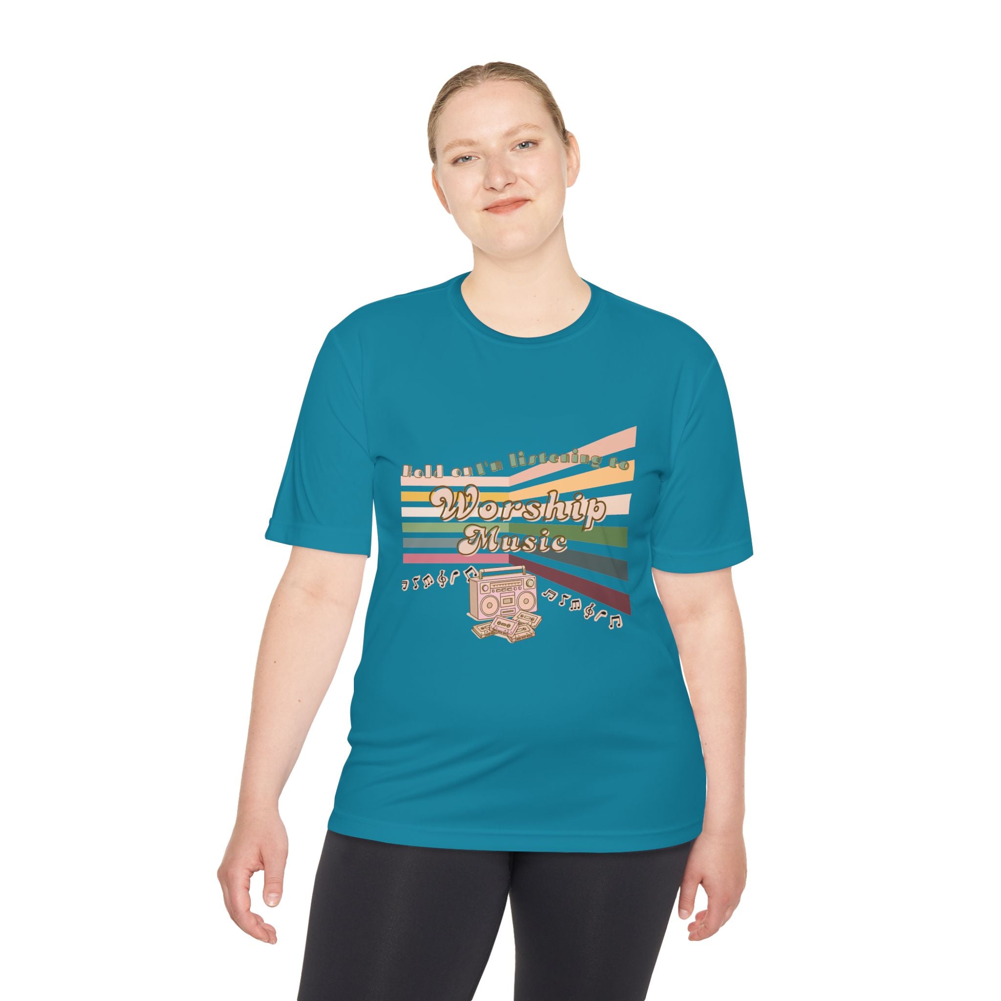 Women's Worship Music Moisture Wicking Tee — Retro Stripes & Speaker Graphic