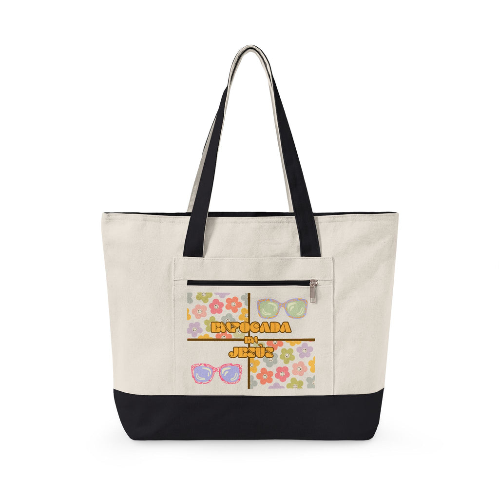 "Enfocada en Jesús" Canvas Tote - Retro Zippered Beach Bag