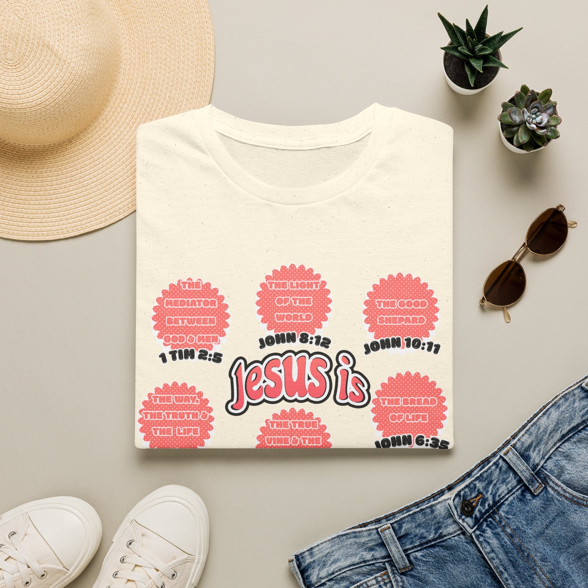Women's 'Jesus is' T-Shirt — Inspirational Christian Scripture Tee (John 3:16, John 10:27)