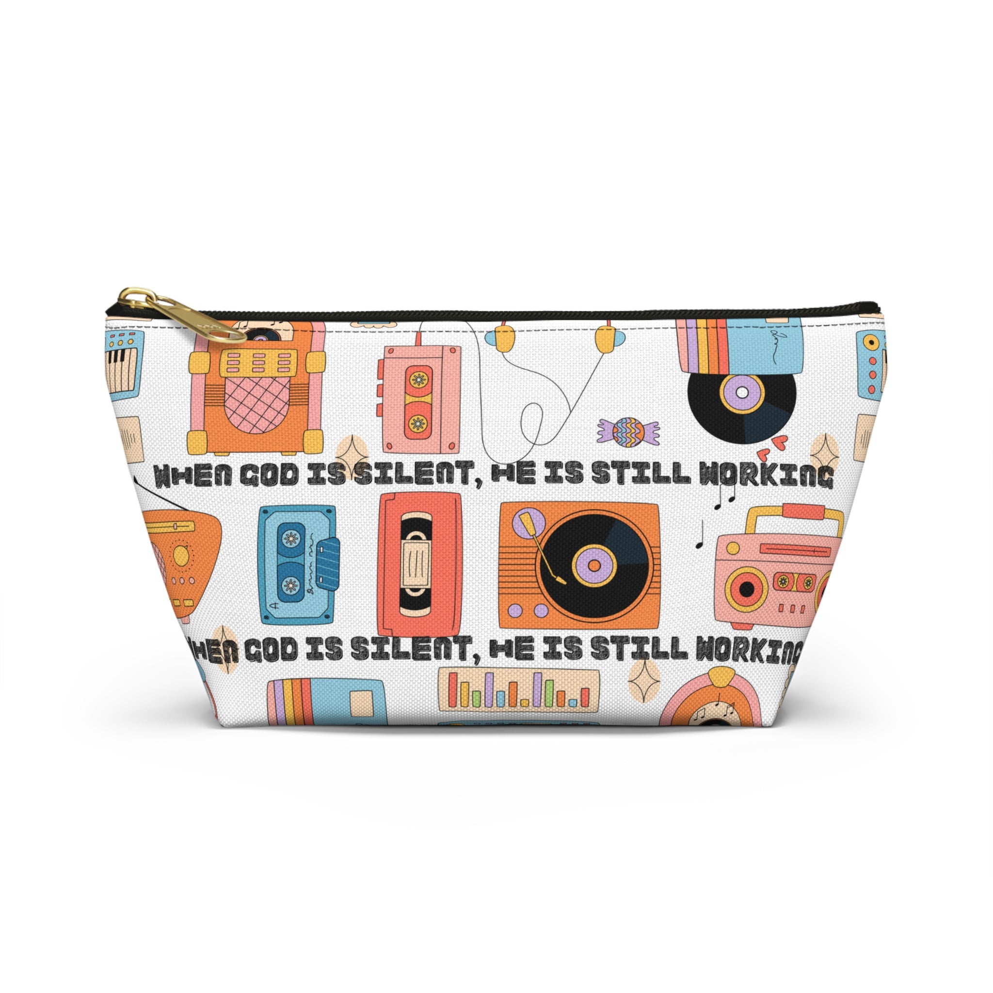 Retro Music Accessory Pouch — "When God Is Silent, He Is Still Working" T-Bottom Bag
