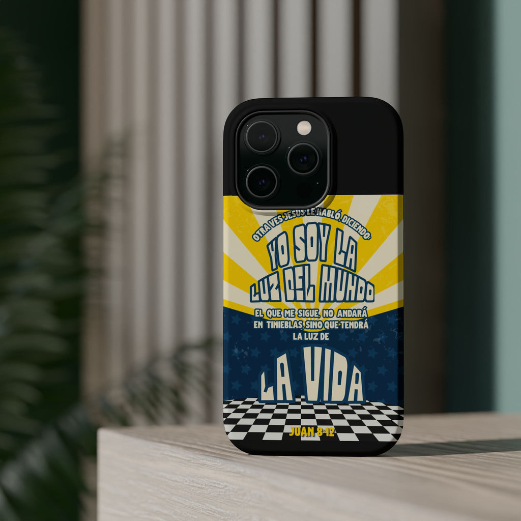 "Yo soy la luz del mundo" protección para telefono (Juan 8:12)— Para hombres- Magnético y resistente al impacto