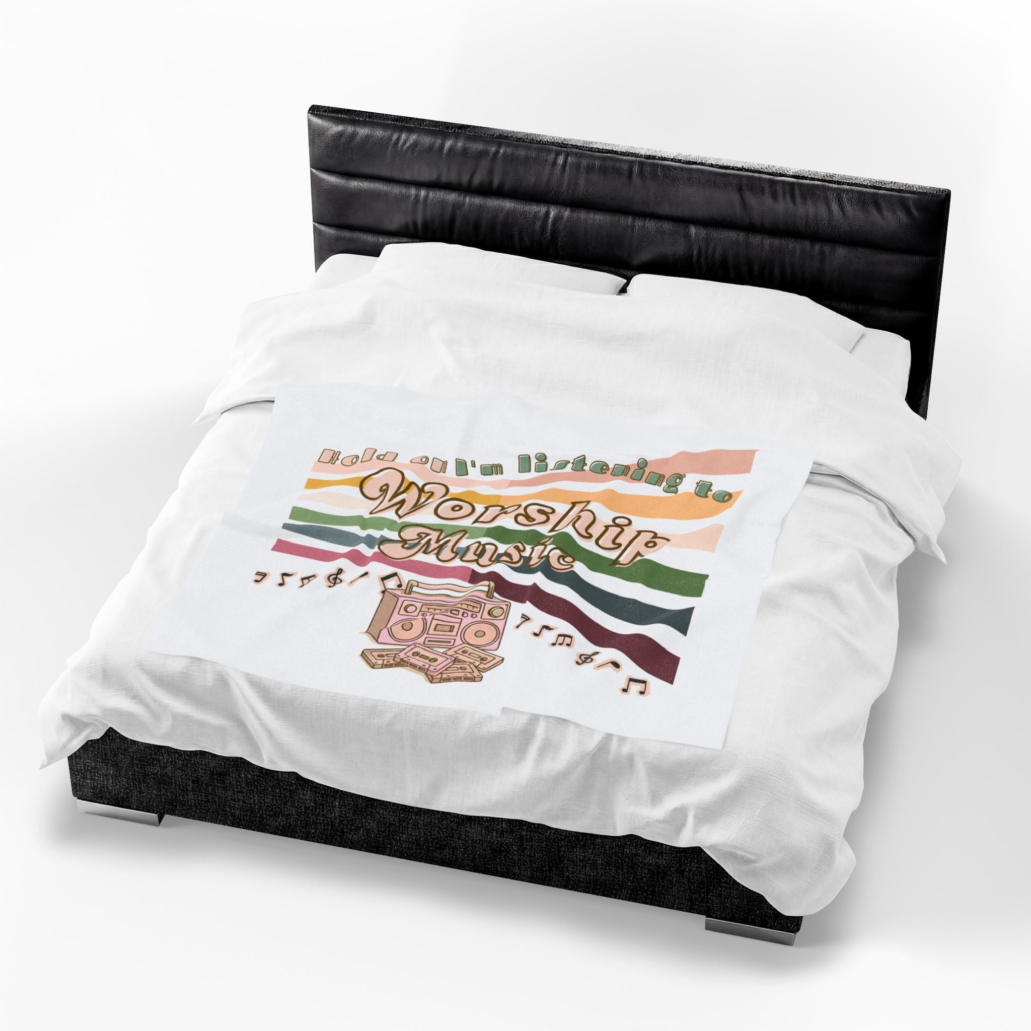 'Hold on, I'm listening to worship Music' Velveteen Plush Blanket – Retro Boombox & Rainbow Stripes