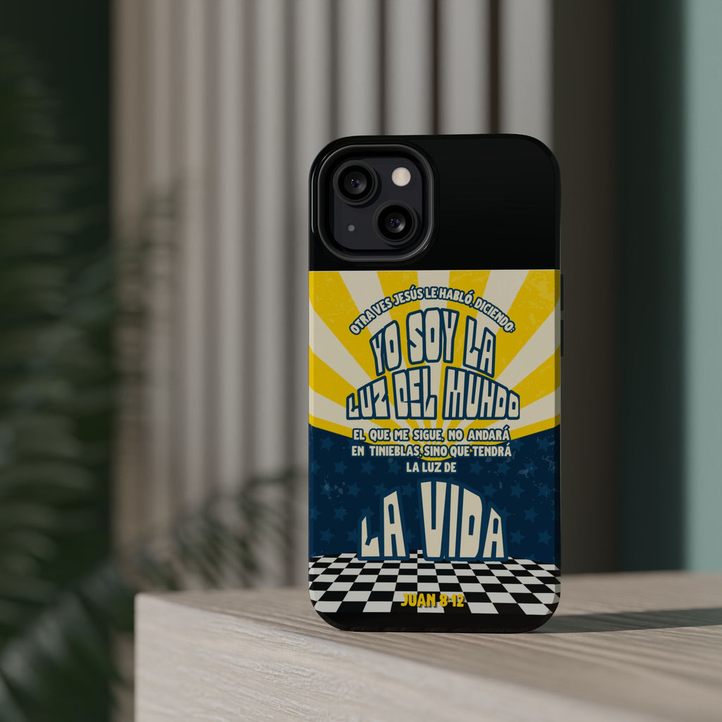 "Yo soy la luz del mundo" protección para telefono (Juan 8:12)— Para hombres- Magnético y resistente al impacto