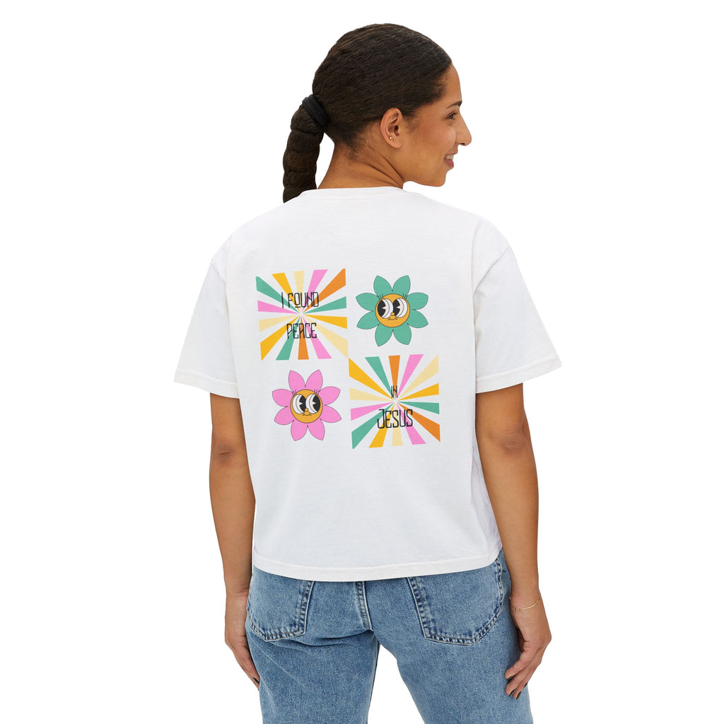 Retro "I found peace in Jesus" Boxy Tee — Woman's  Retro SqaureFlower Design