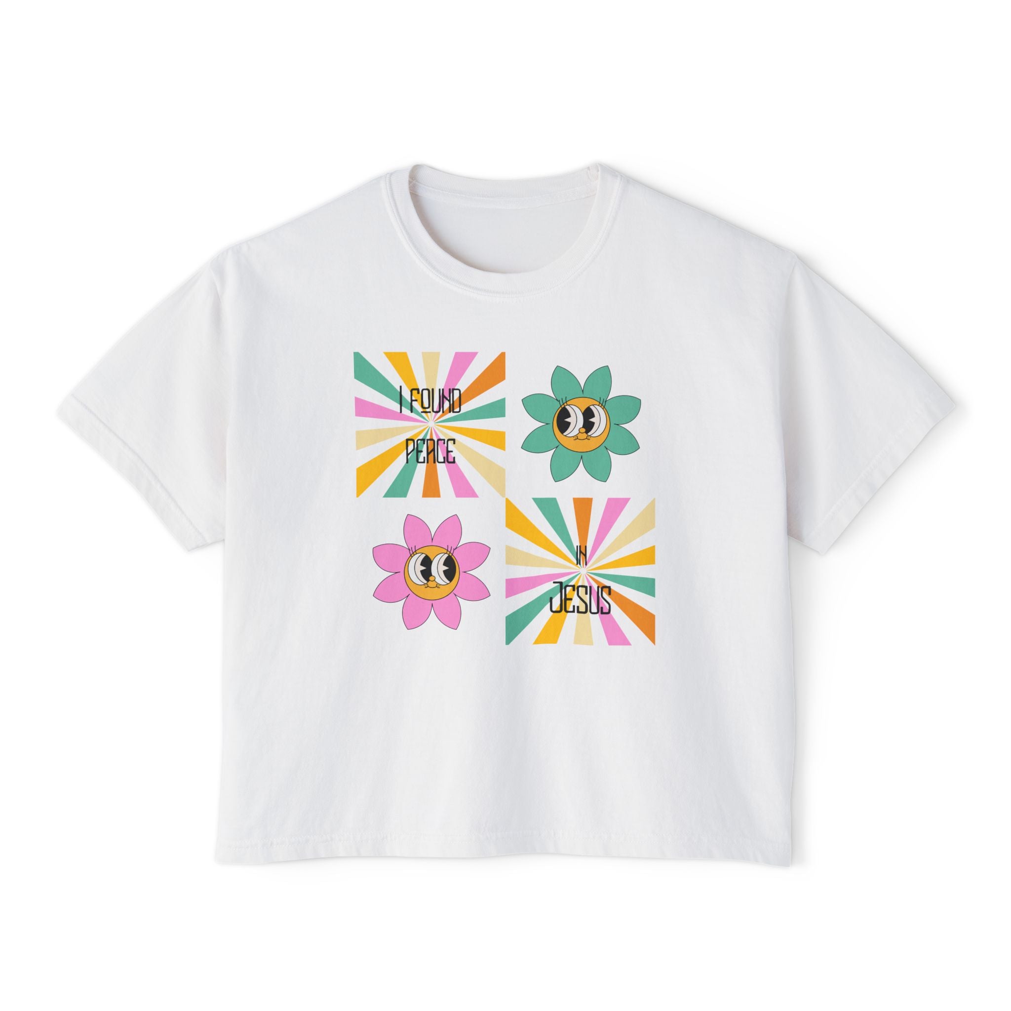 Retro "I found peace in Jesus" Boxy Tee — Woman's  Retro SqaureFlower Design