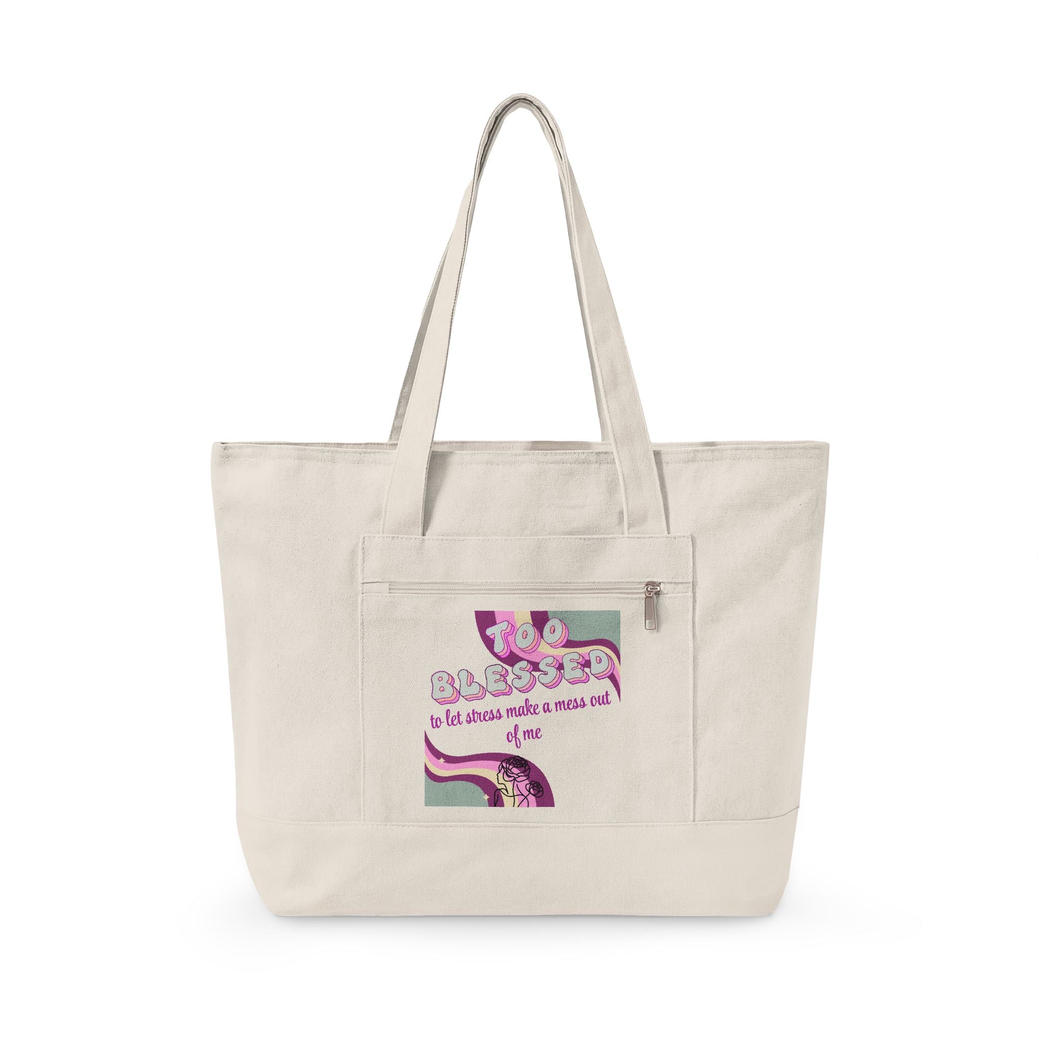 'Too blessed to let stress make a mess out of me' Tote Bag — Retro Pink Design
