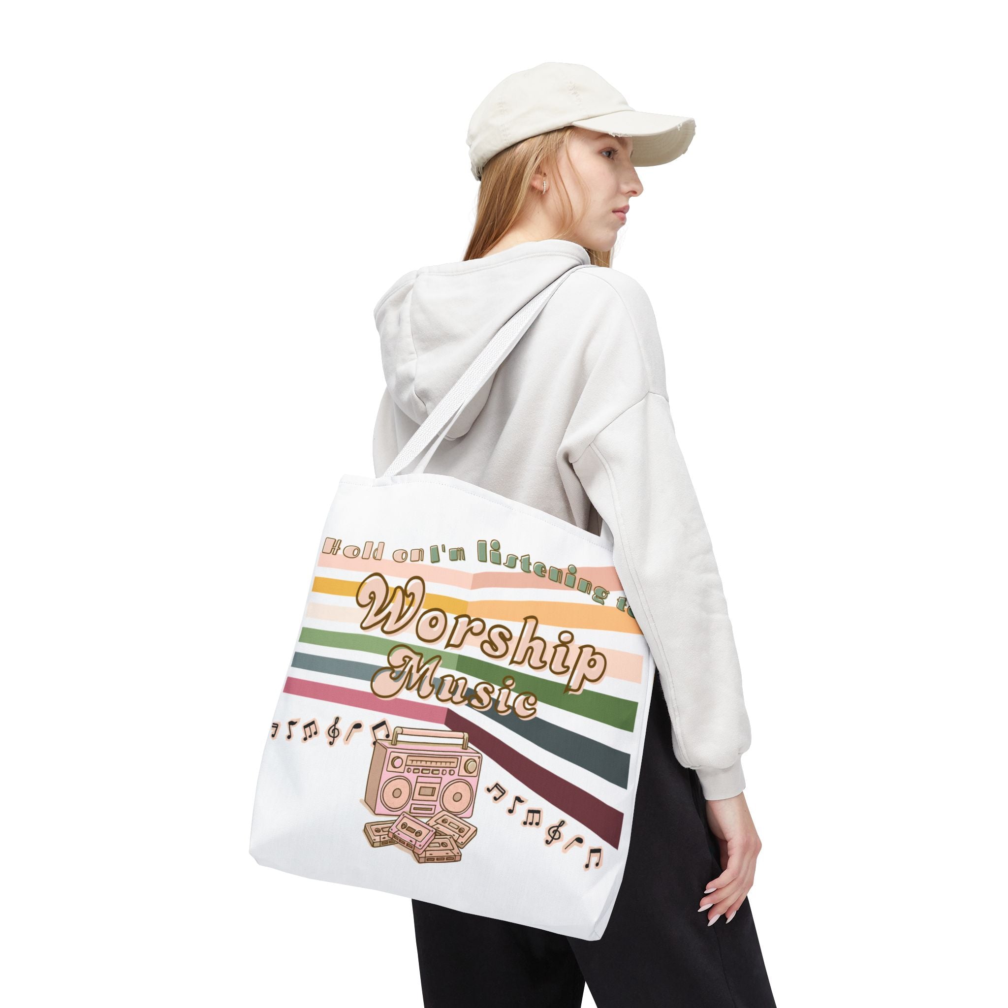 Worship Music Tote Bag – Faith-Inspired Retro Boombox Design