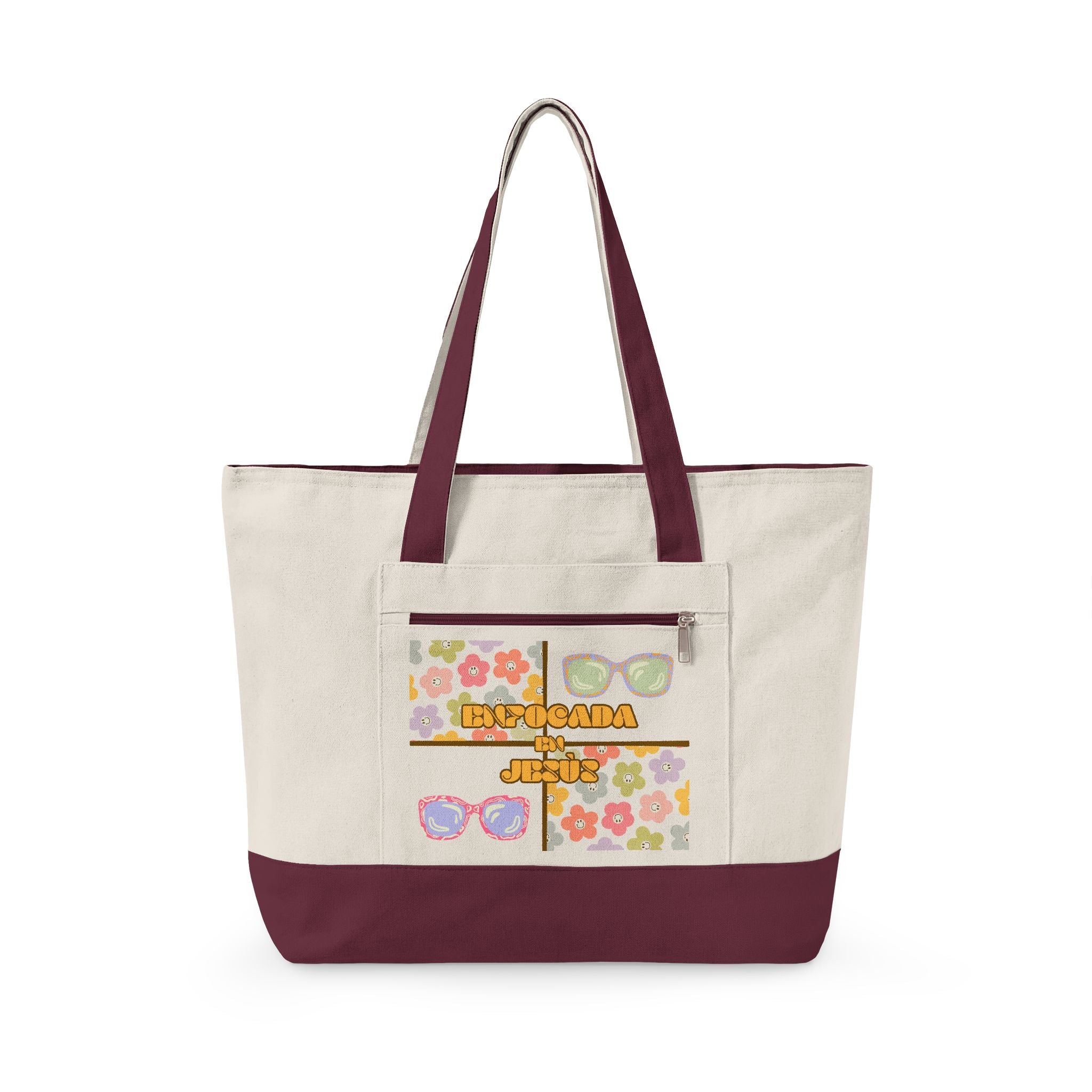 "Enfocada en Jesús" Canvas Tote - Retro Zippered Beach Bag
