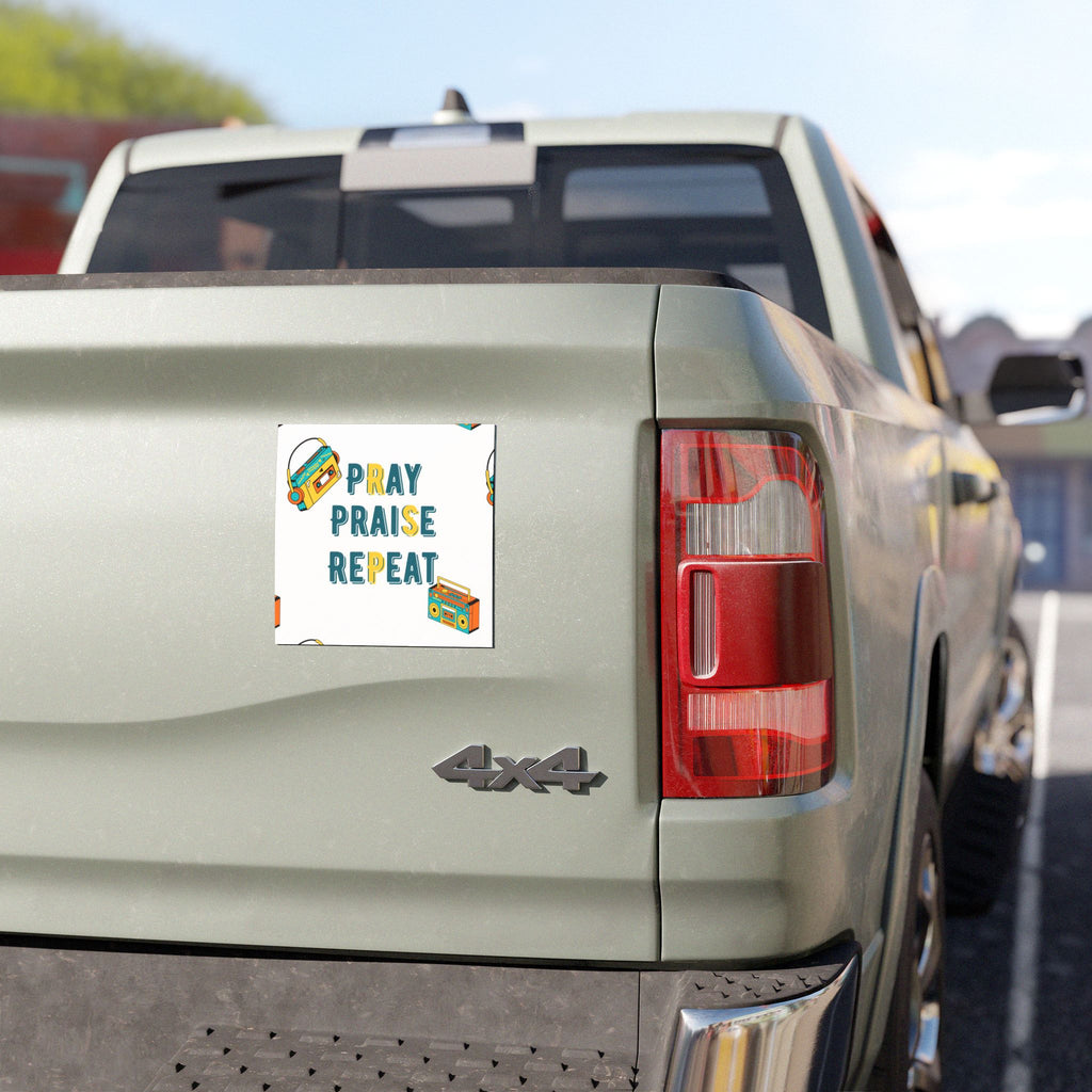 Pray Praise Repeat Car Magnet — Retro Boombox Christian Faith Decal