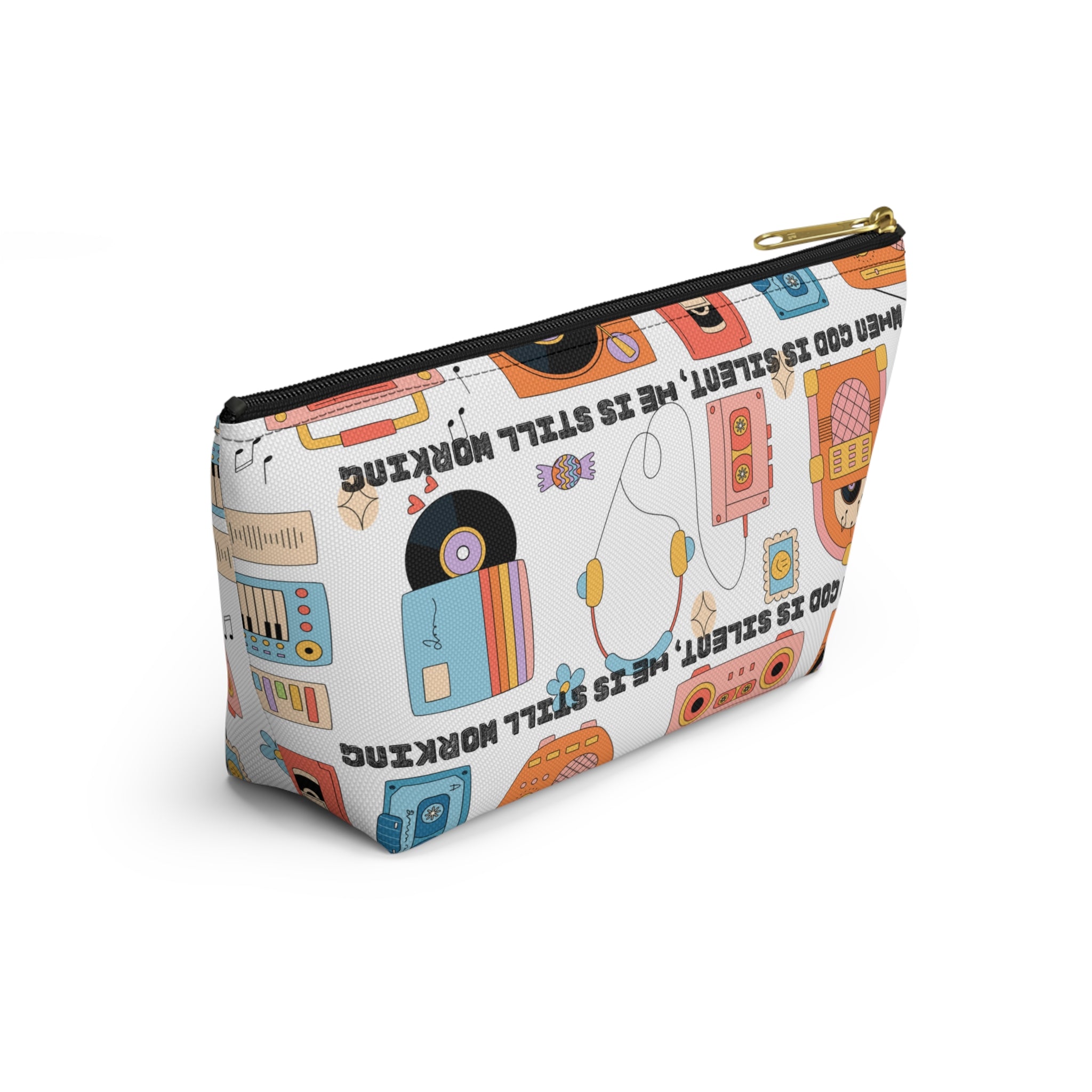 Retro Music Accessory Pouch — "When God Is Silent, He Is Still Working" T-Bottom Bag