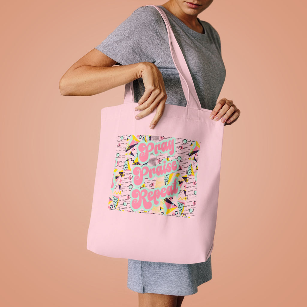 Cotton Tote — "Pray, Praise, Repeat" Colorful Faith Graphic Tote Bag
