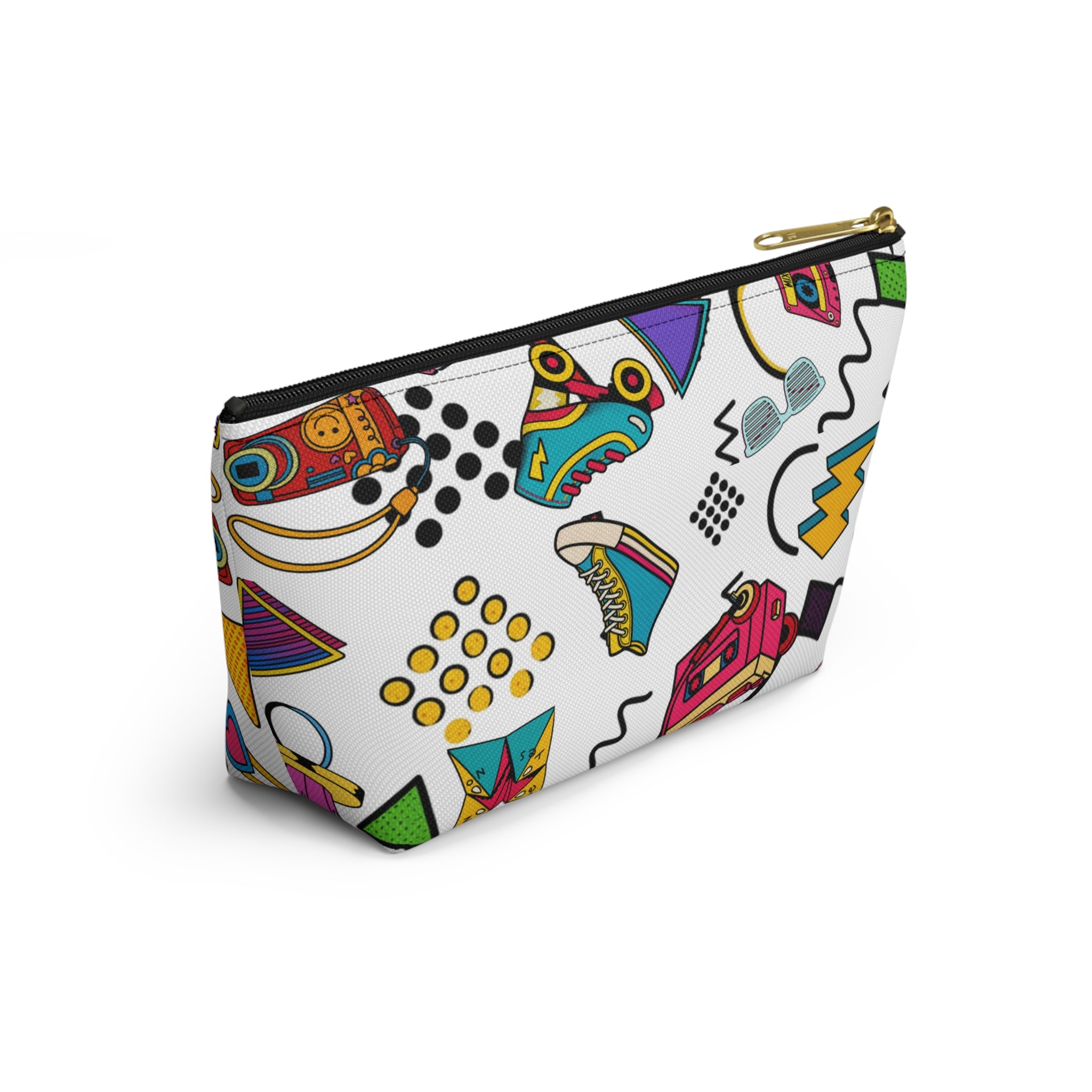 Retro 90s Pattern Accessory Pouch — Roller Skates, Cassette & Neon Shapes