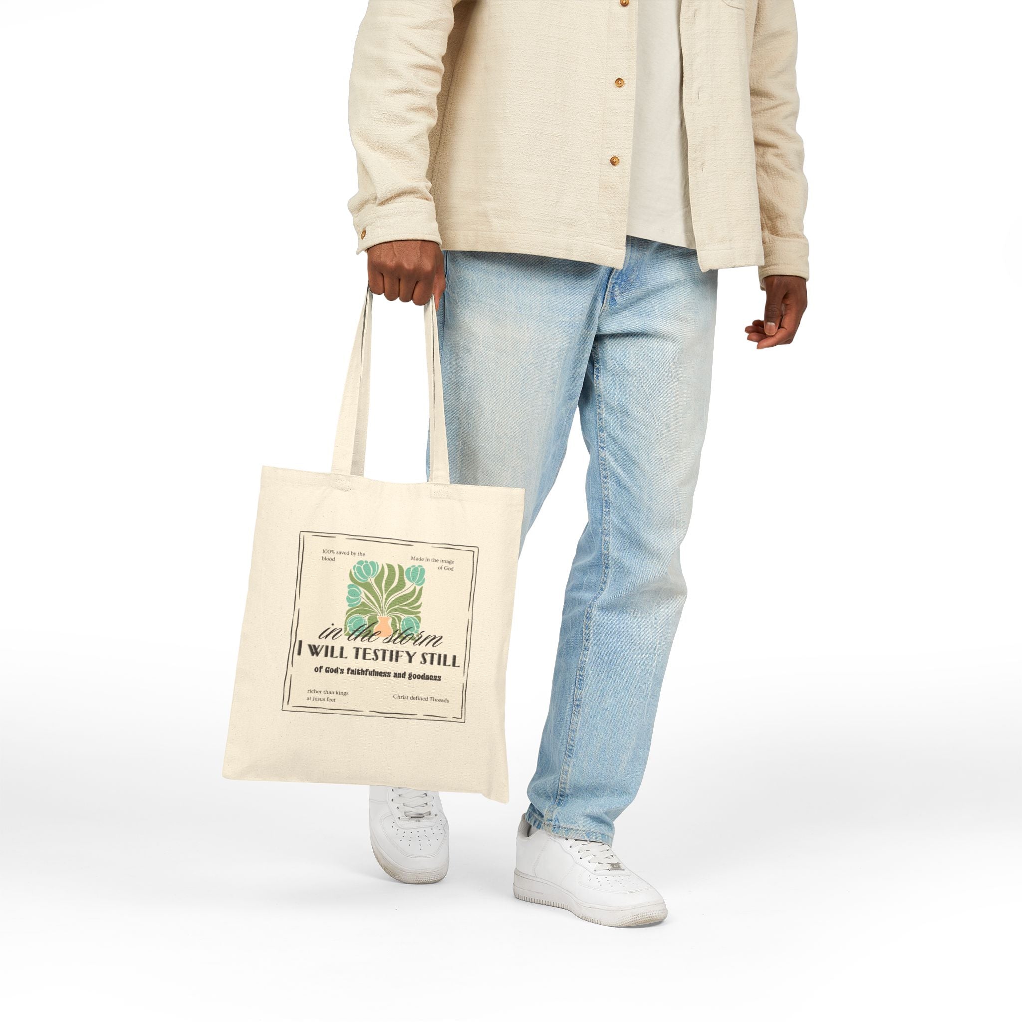 Women's Canvas Tote - "In the Storm I Will Testify Still" Inspirational Scripture Tote Bag
