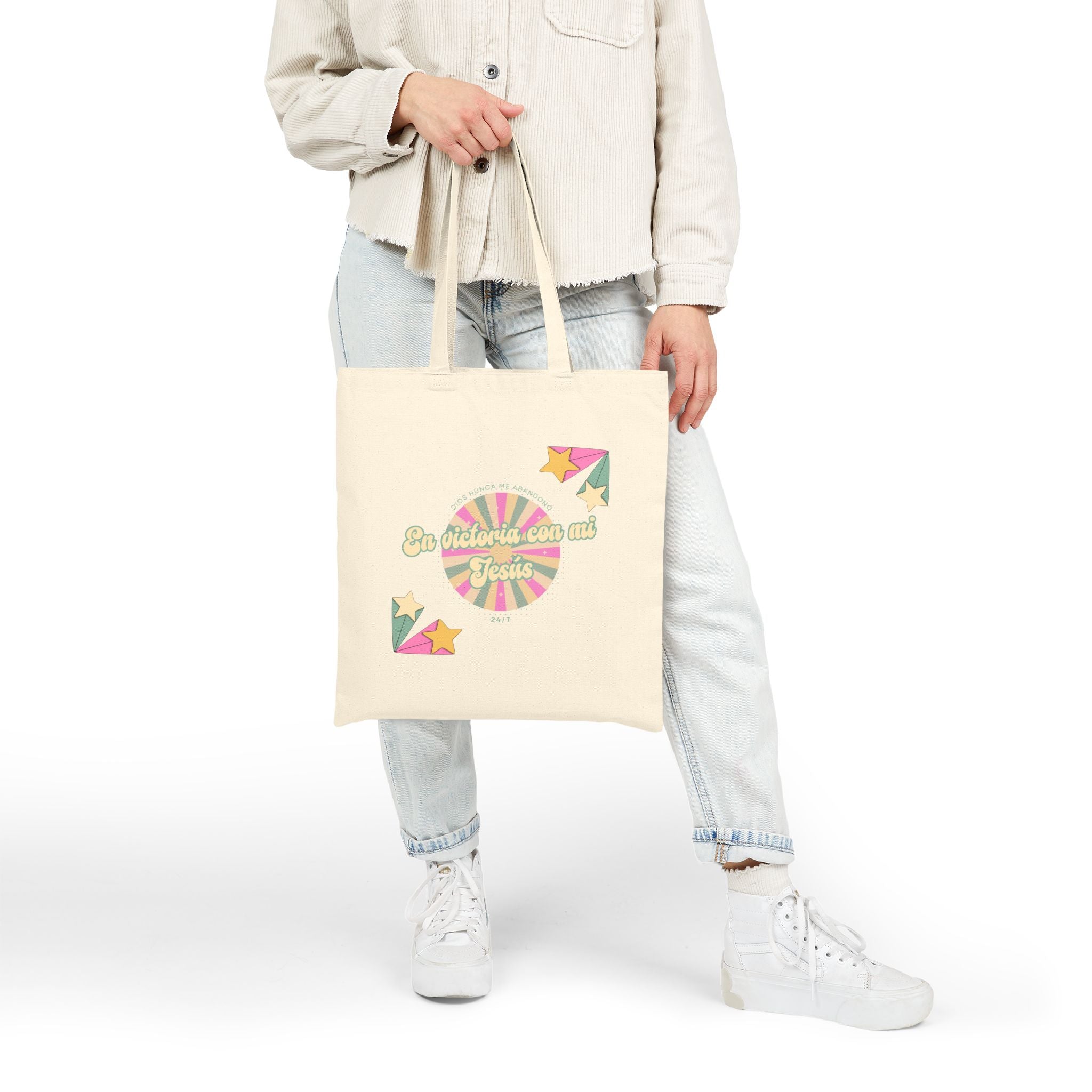 Bolsa de Algodon  — 'En victoria con mi Jesús' Retro Star Christian Canvas Tote