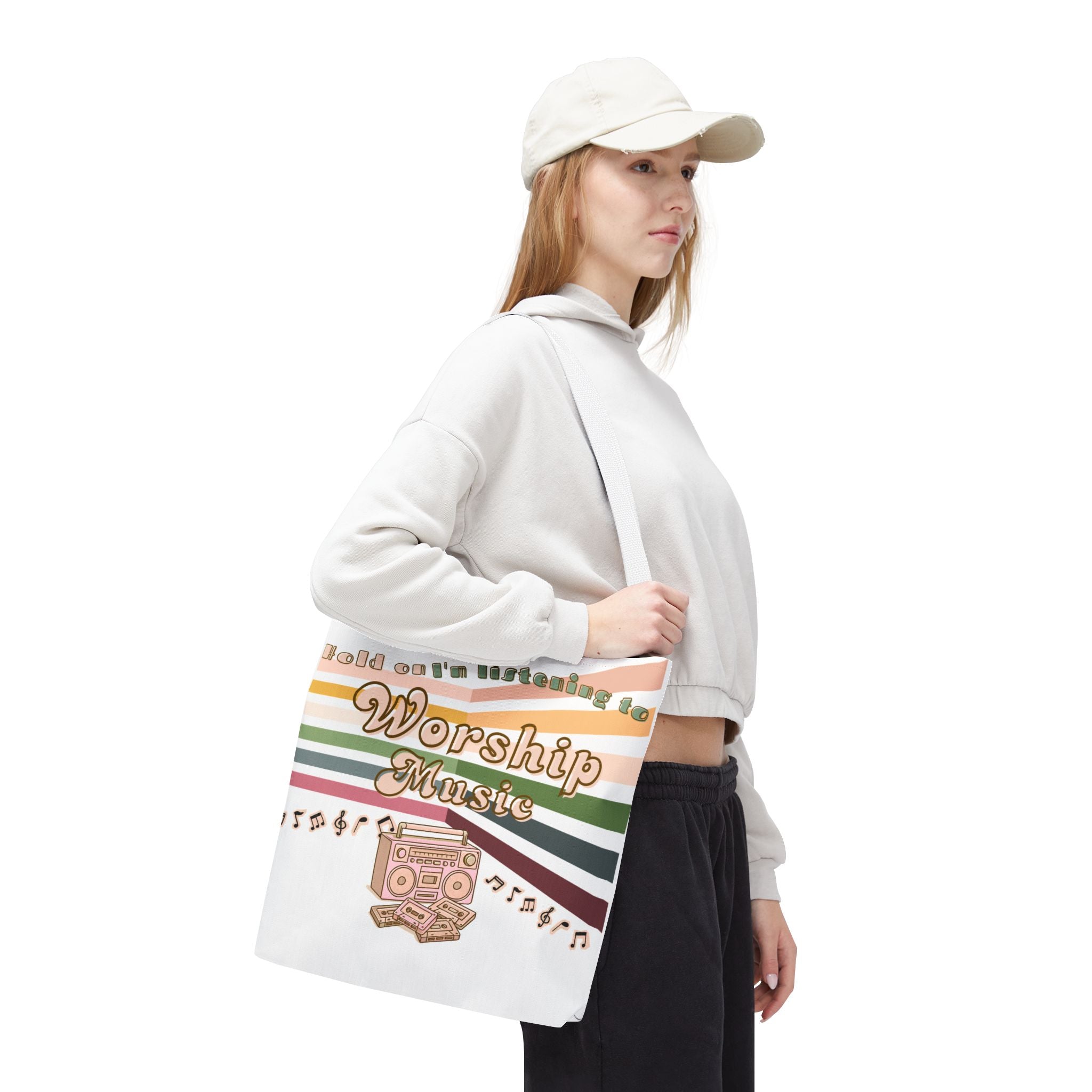 Worship Music Tote Bag – Faith-Inspired Retro Boombox Design