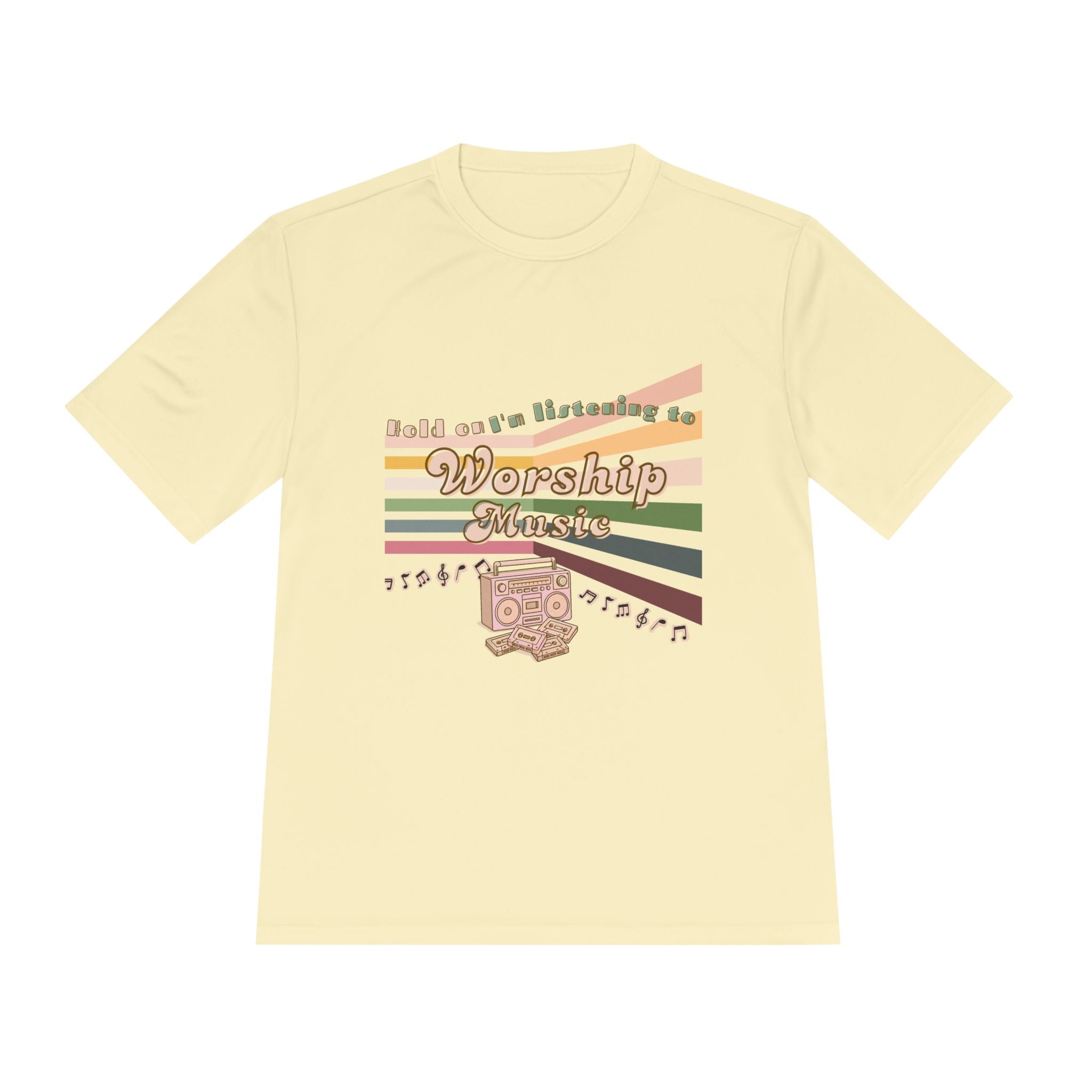 Women's Worship Music Moisture Wicking Tee — Retro Stripes & Speaker Graphic