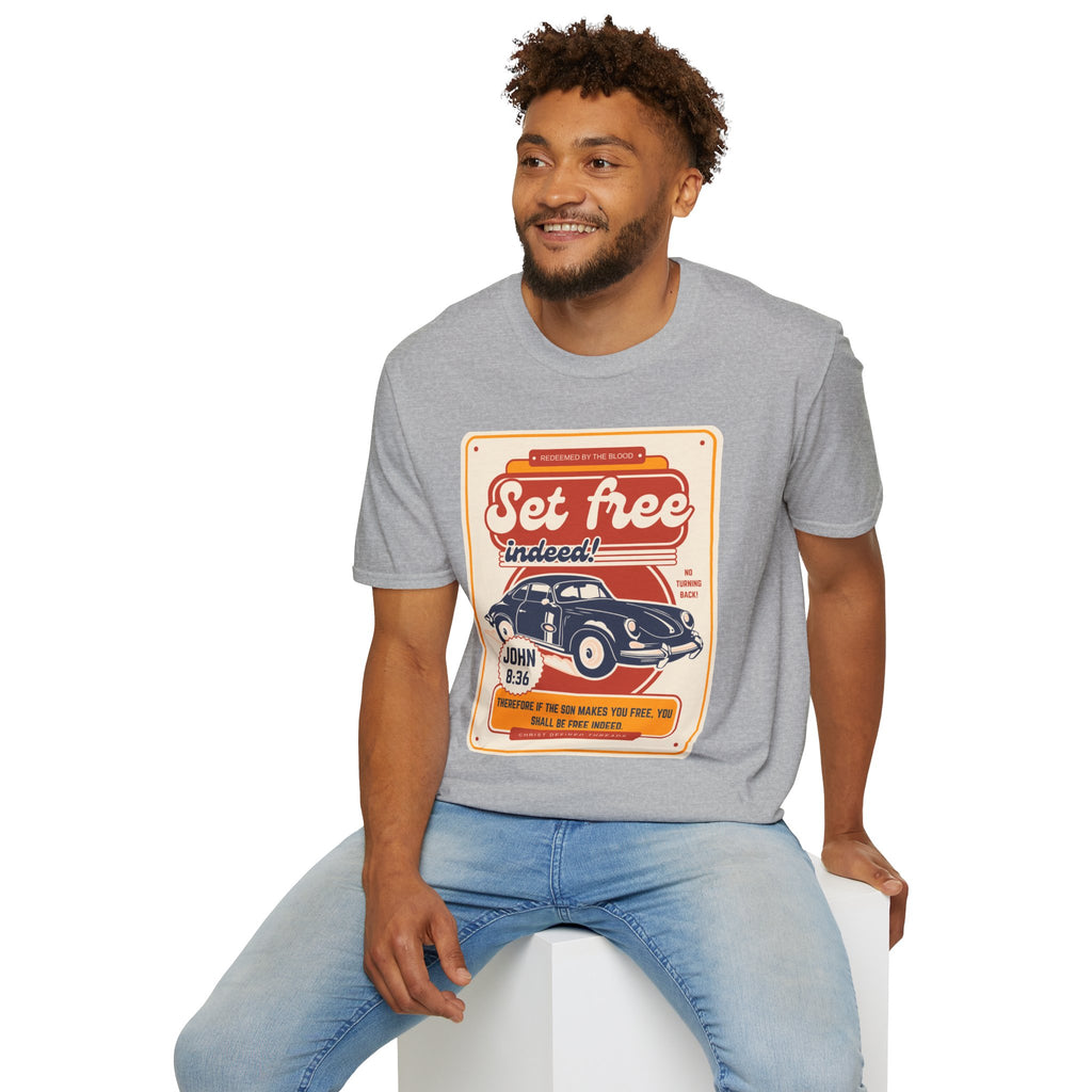 Men's 'Set free Indeed' T‑Shirt — Retro Vintage Car Christian Faith Graphic Tee