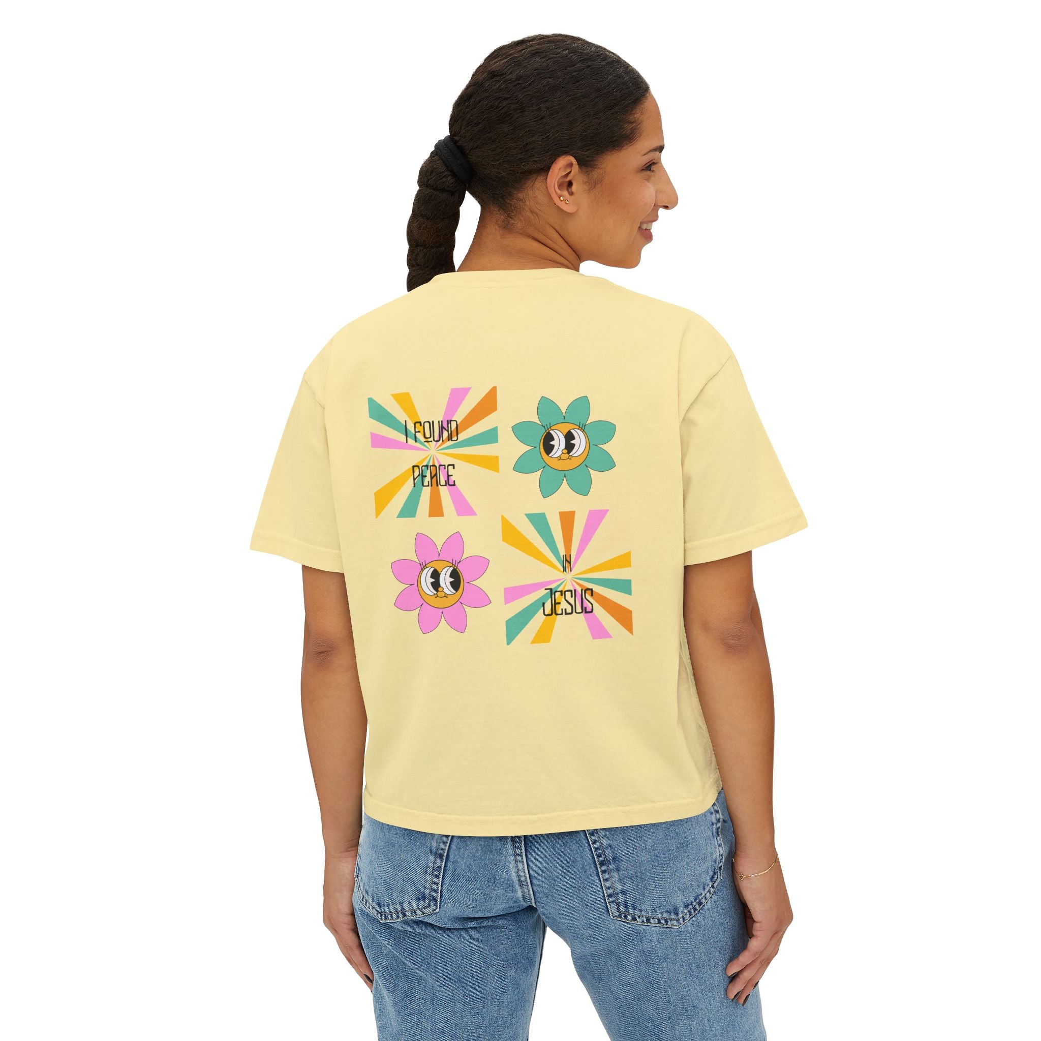 Retro "I found peace in Jesus" Boxy Tee — Woman's  Retro SqaureFlower Design