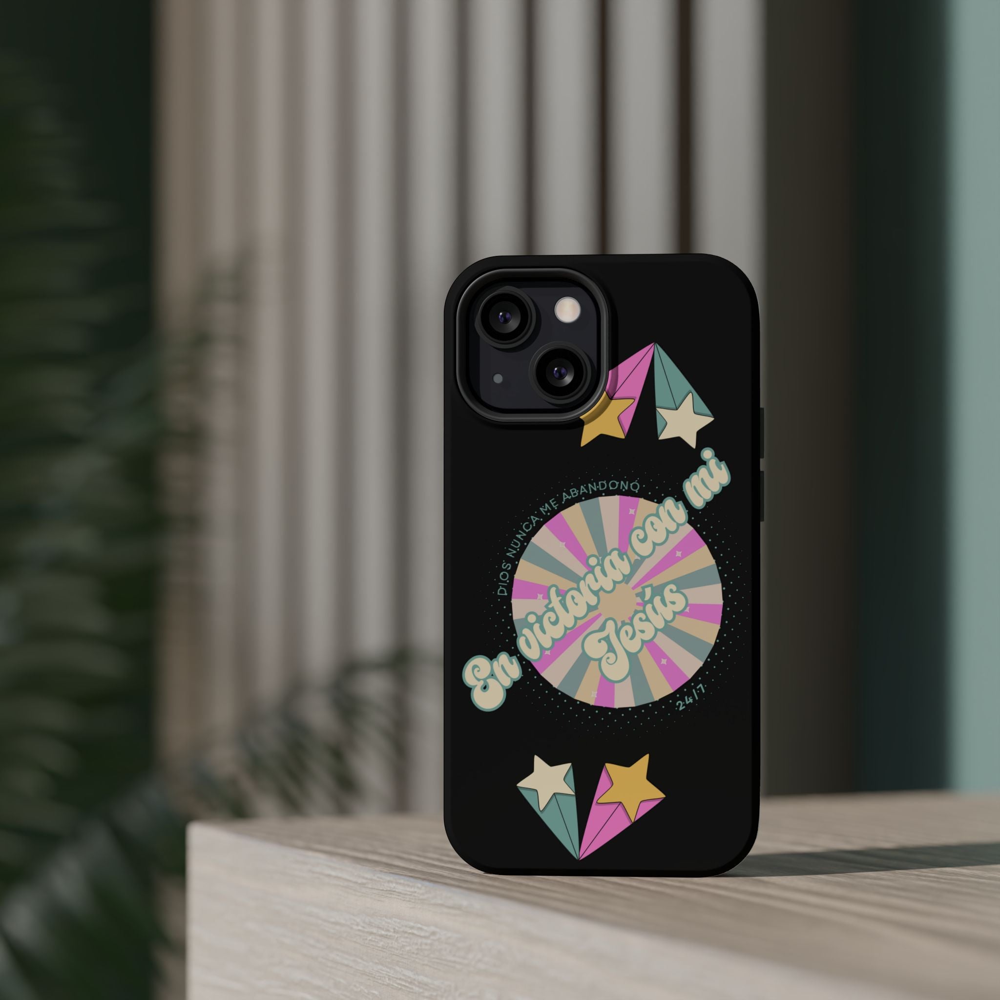 Mujeres Cover de Telefono Magnético e Impacto Resistente— "En Victoria con mi Jesús" Retro Star Design