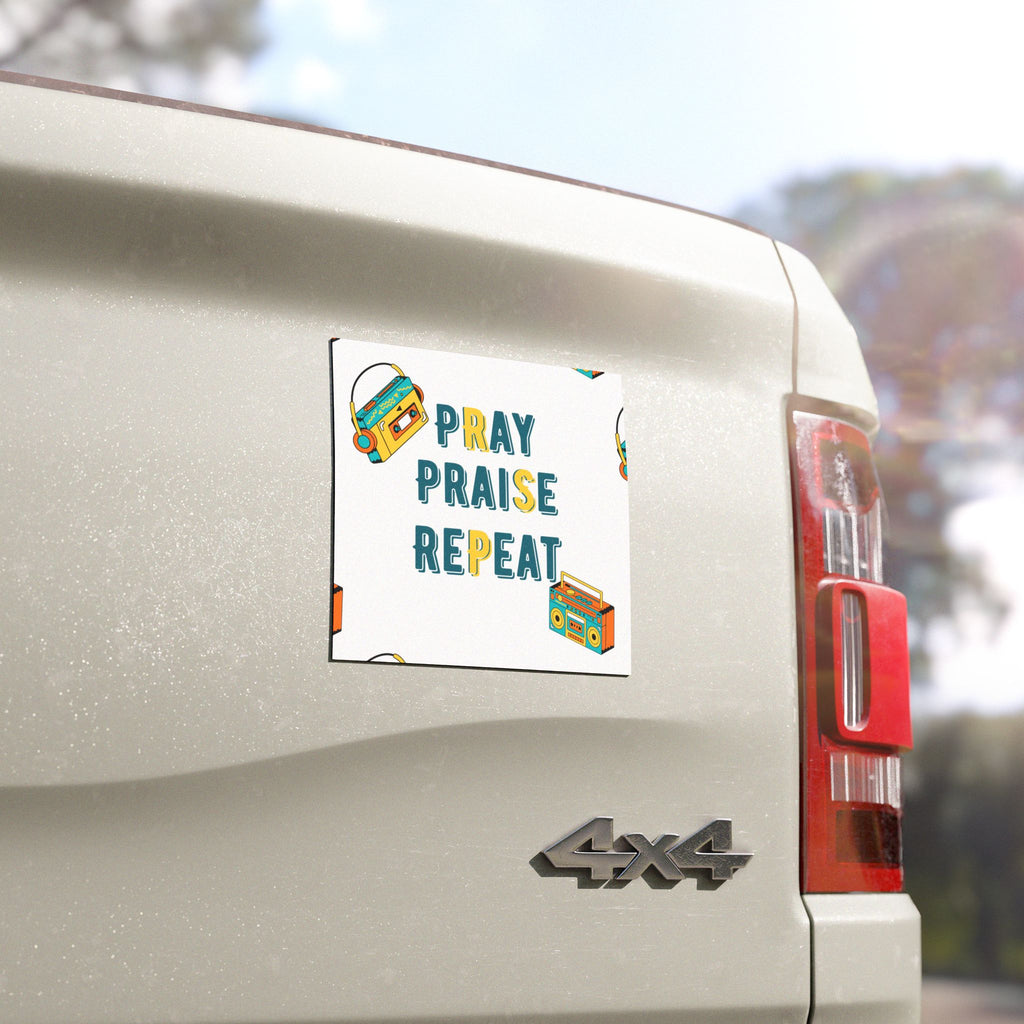 Pray Praise Repeat Car Magnet — Retro Boombox Christian Faith Decal