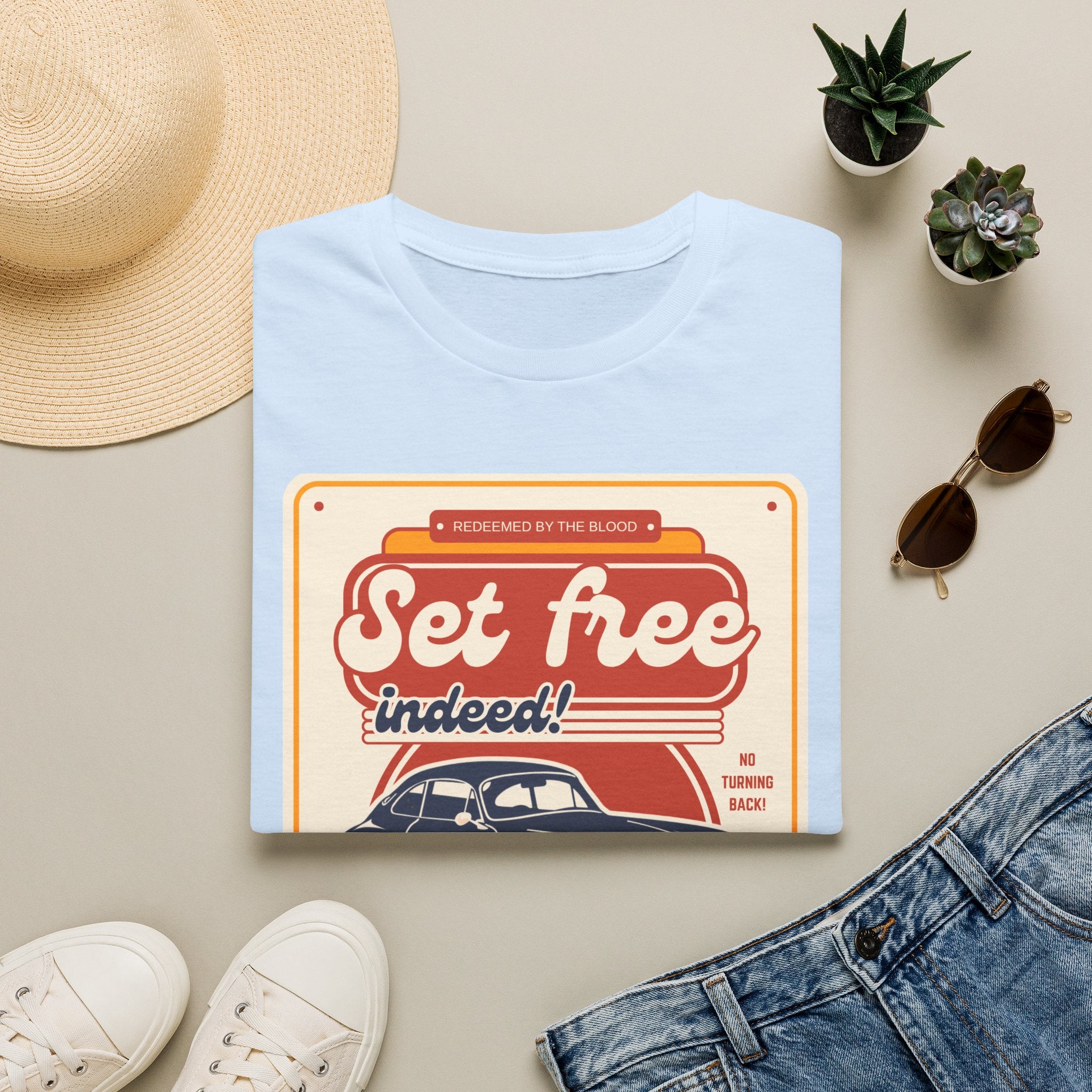 Men's 'Set free Indeed' T‑Shirt — Retro Vintage Car Christian Faith Graphic Tee