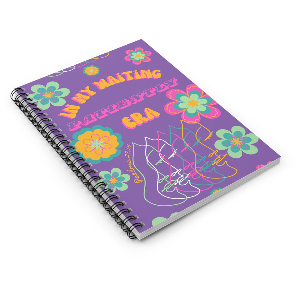 Retro Floral 'In My Waiting Patiently Era' Spiral Notebook — Purple Ruled Journal