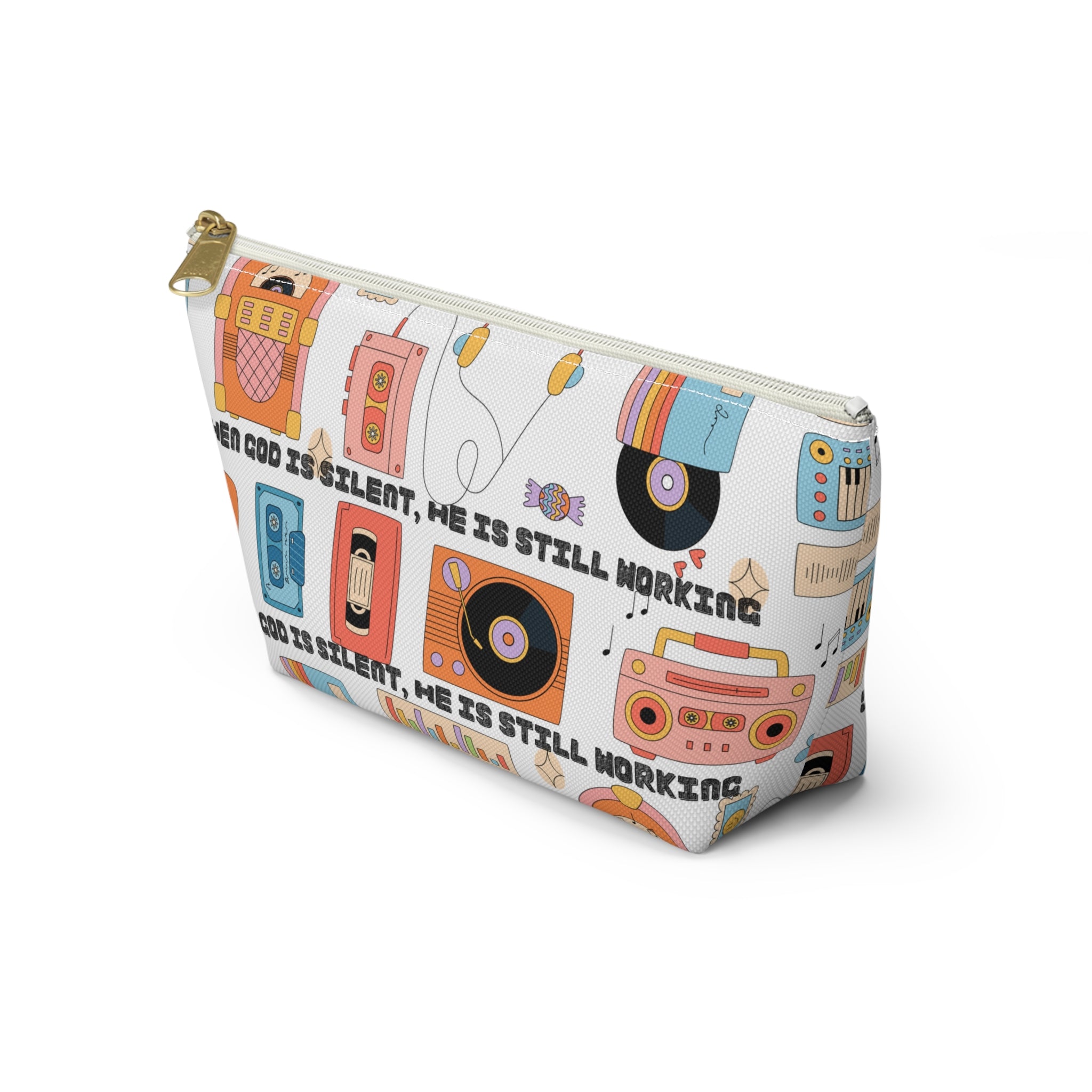 Retro Music Accessory Pouch — "When God Is Silent, He Is Still Working" T-Bottom Bag