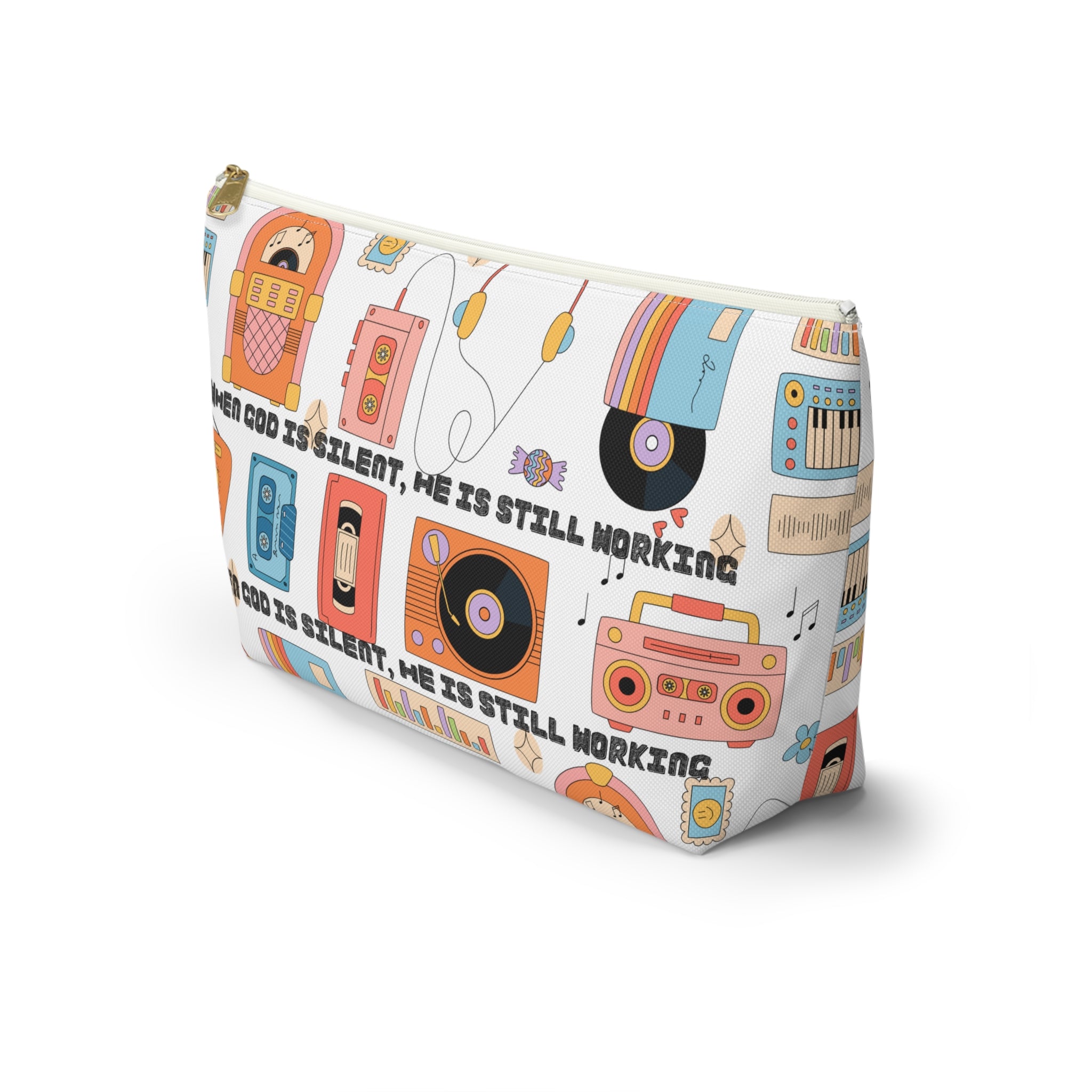 Retro Music Accessory Pouch — "When God Is Silent, He Is Still Working" T-Bottom Bag