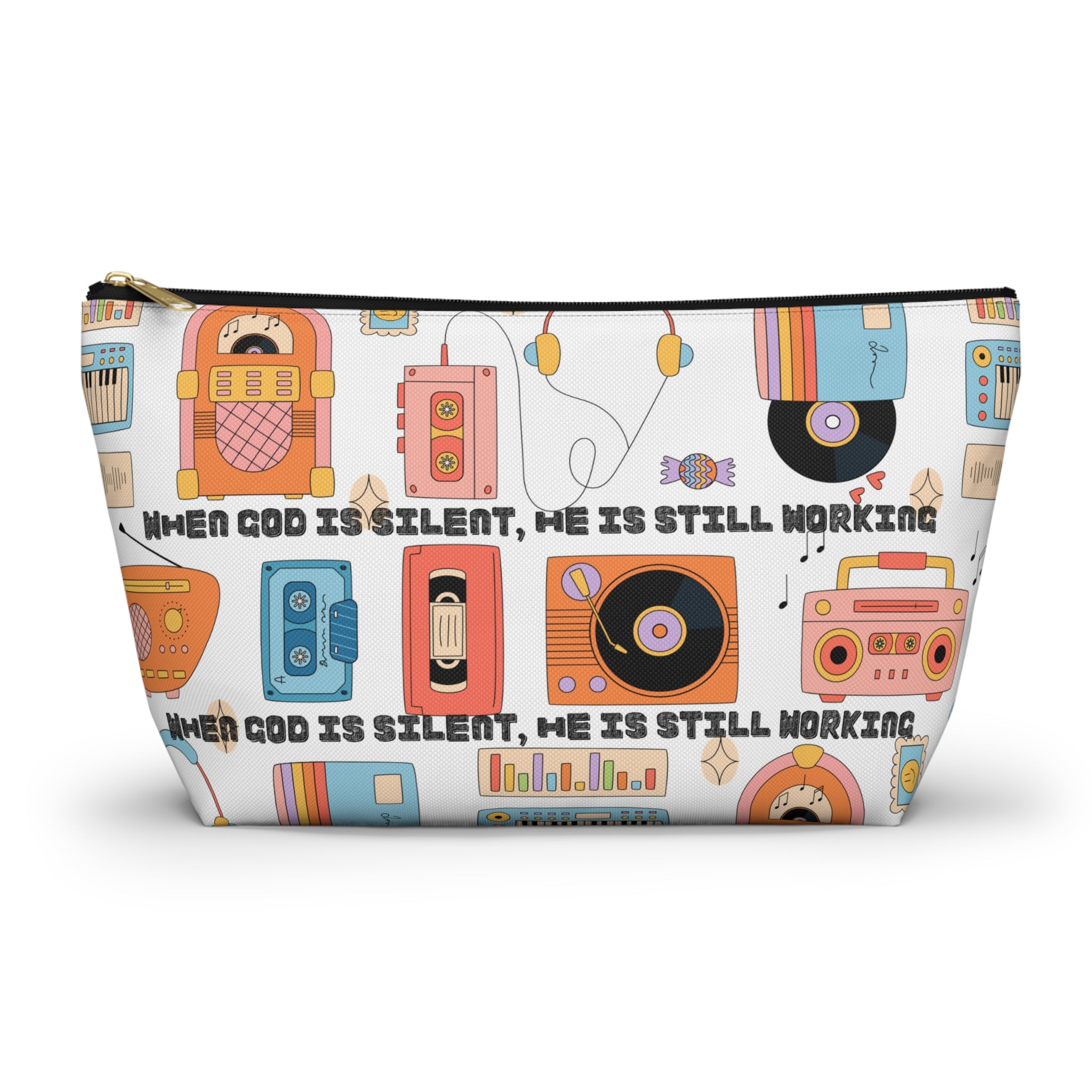 Retro Music Accessory Pouch — "When God Is Silent, He Is Still Working" T-Bottom Bag