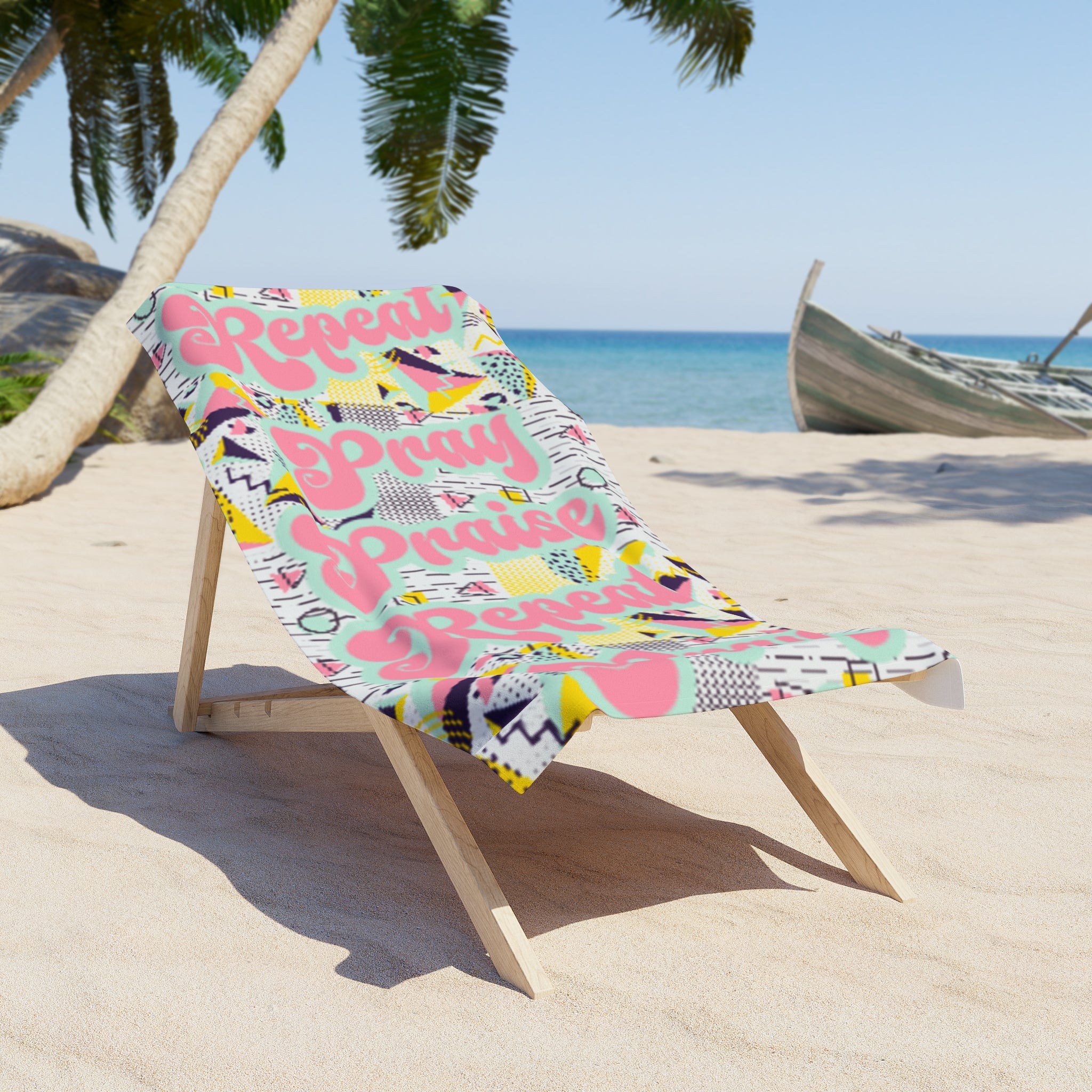 Retro  'Pray Praise Repeat 'Women's Beach Towel — 80s Neon Geometric Print