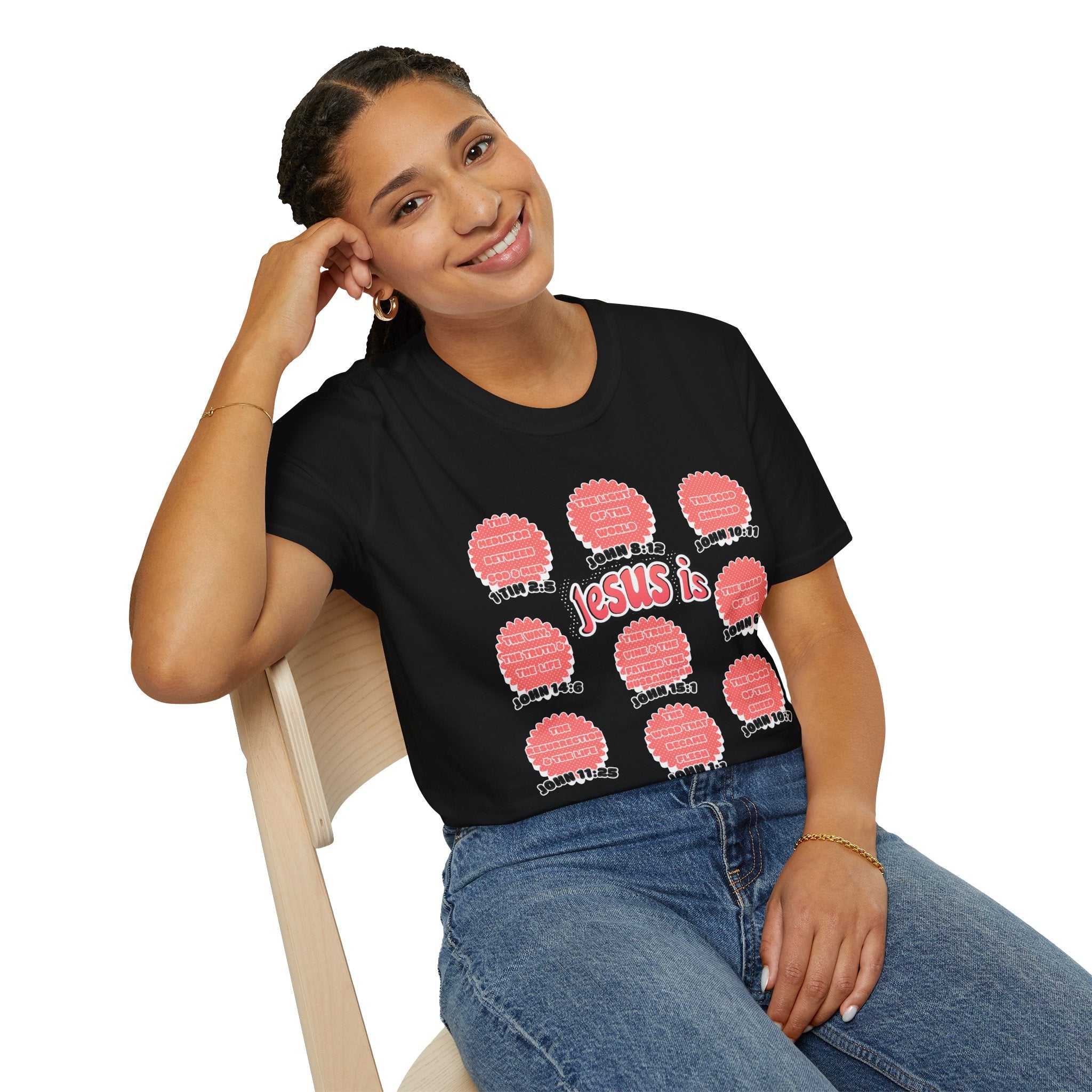 Women's 'Jesus is' T-Shirt — Inspirational Christian Scripture Tee (John 3:16, John 10:27)