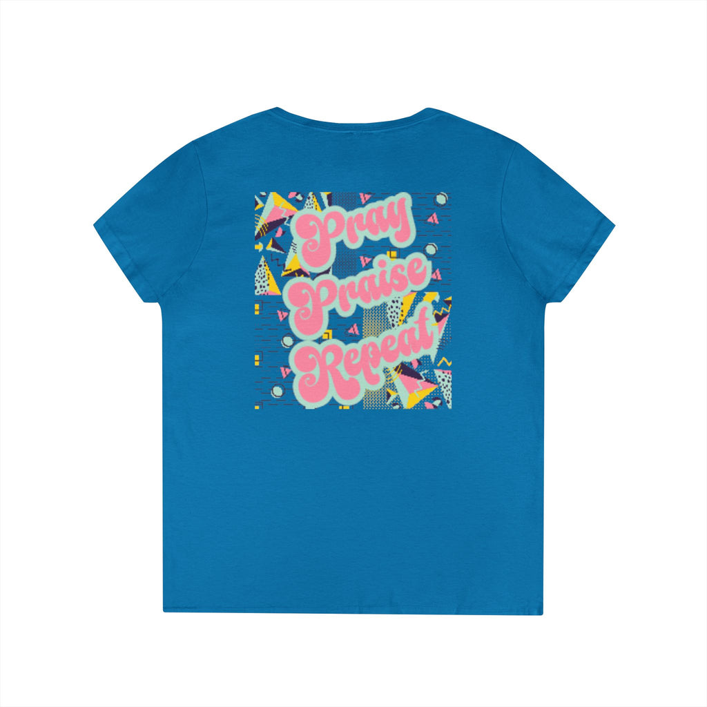 Ladies' V-Neck T-Shirt — "Pray Praise Repeat" Retro Shape Graphic