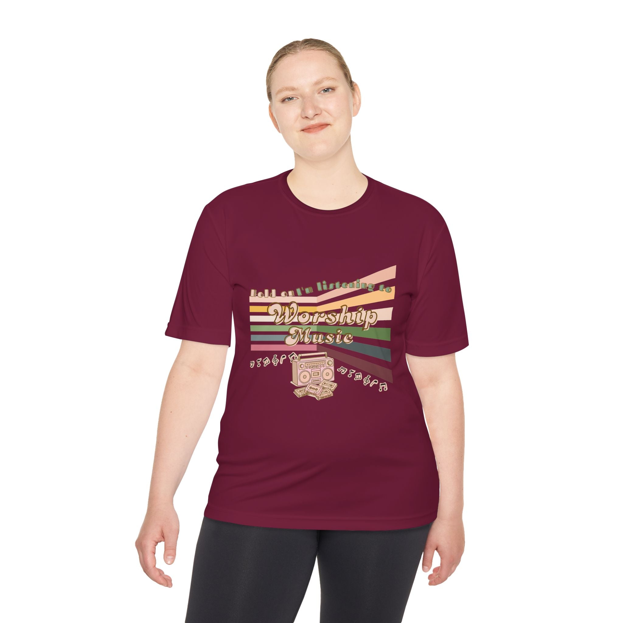 Women's Worship Music Moisture Wicking Tee — Retro Stripes & Speaker Graphic