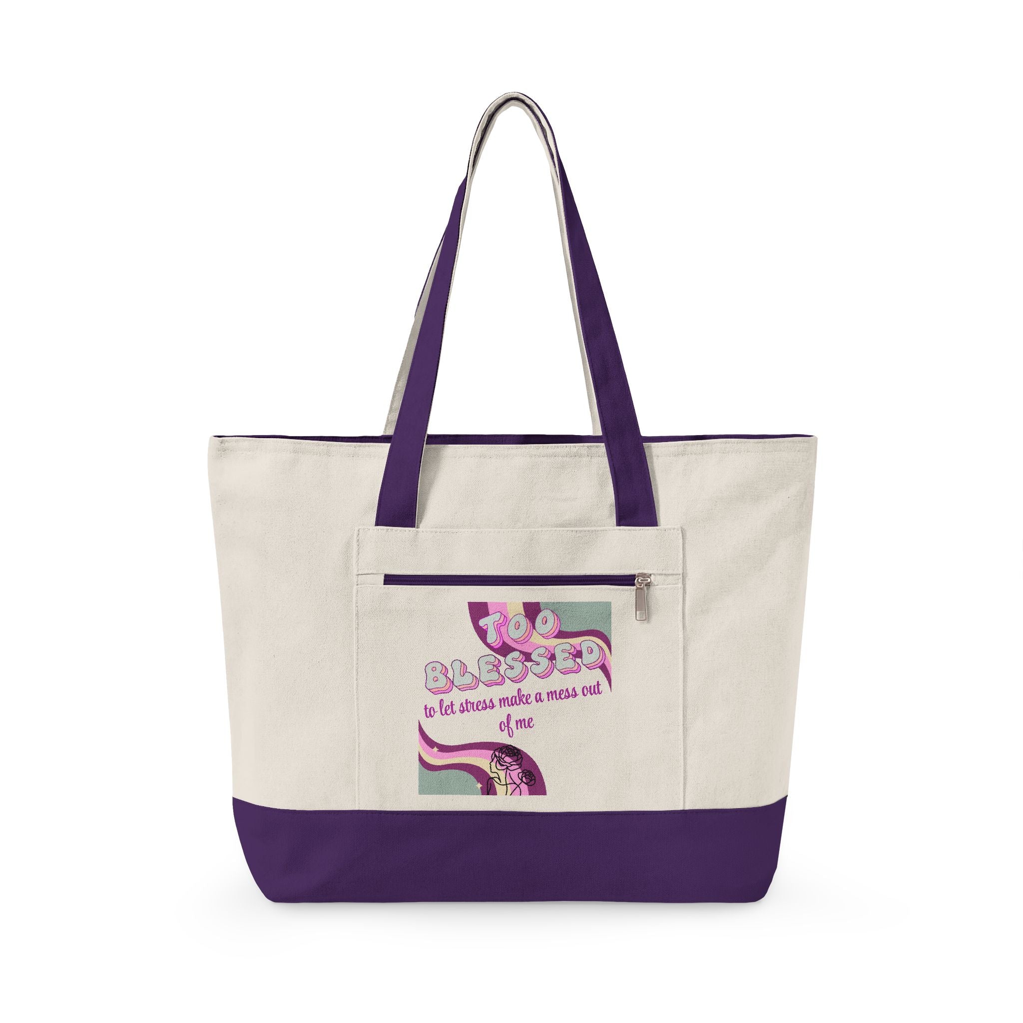 'Too blessed to let stress make a mess out of me' Tote Bag — Retro Pink Design