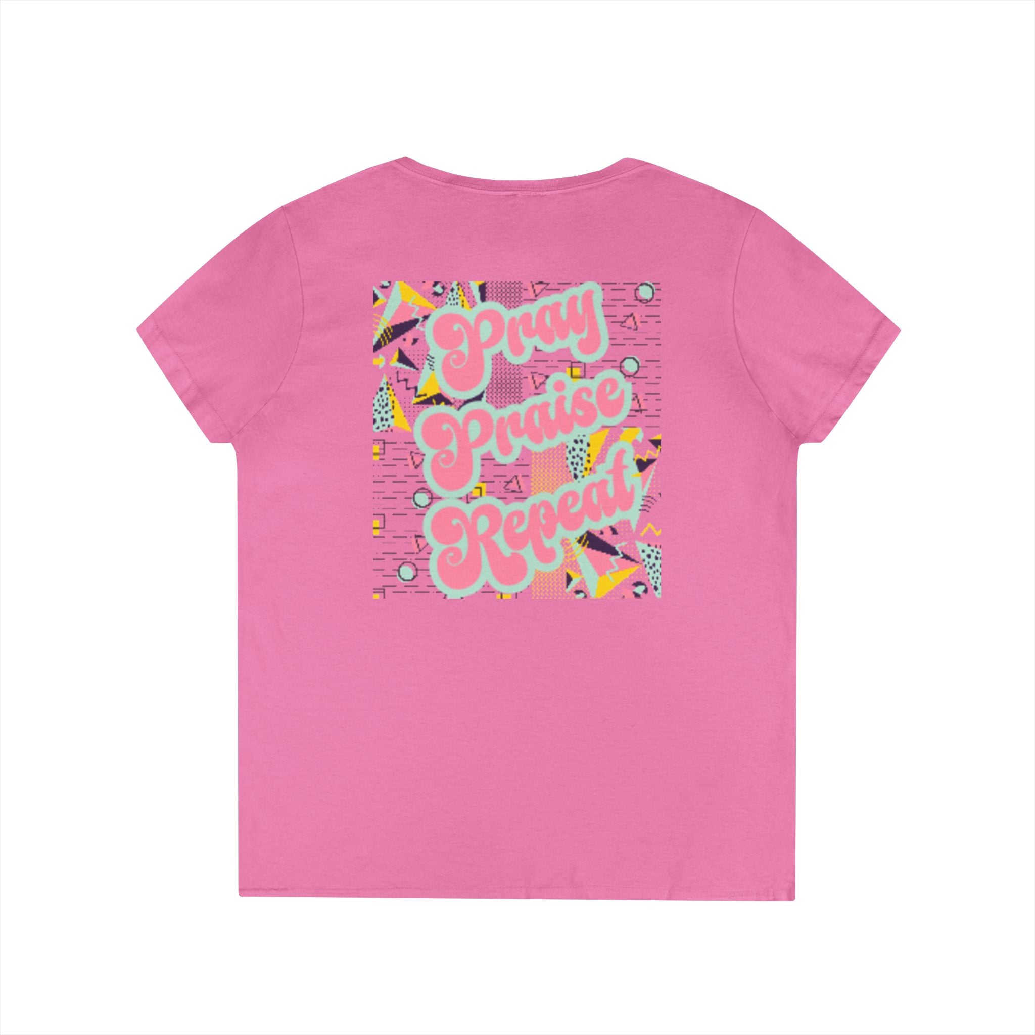 Ladies' V-Neck T-Shirt — "Pray Praise Repeat" Retro Shape Graphic