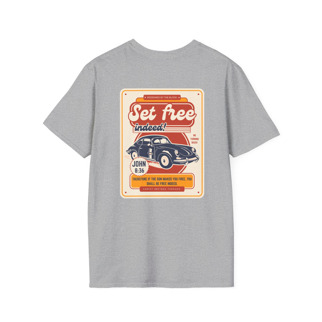 Men's 'Set free Indeed' T‑Shirt — Retro Vintage Car Christian Faith Graphic Tee