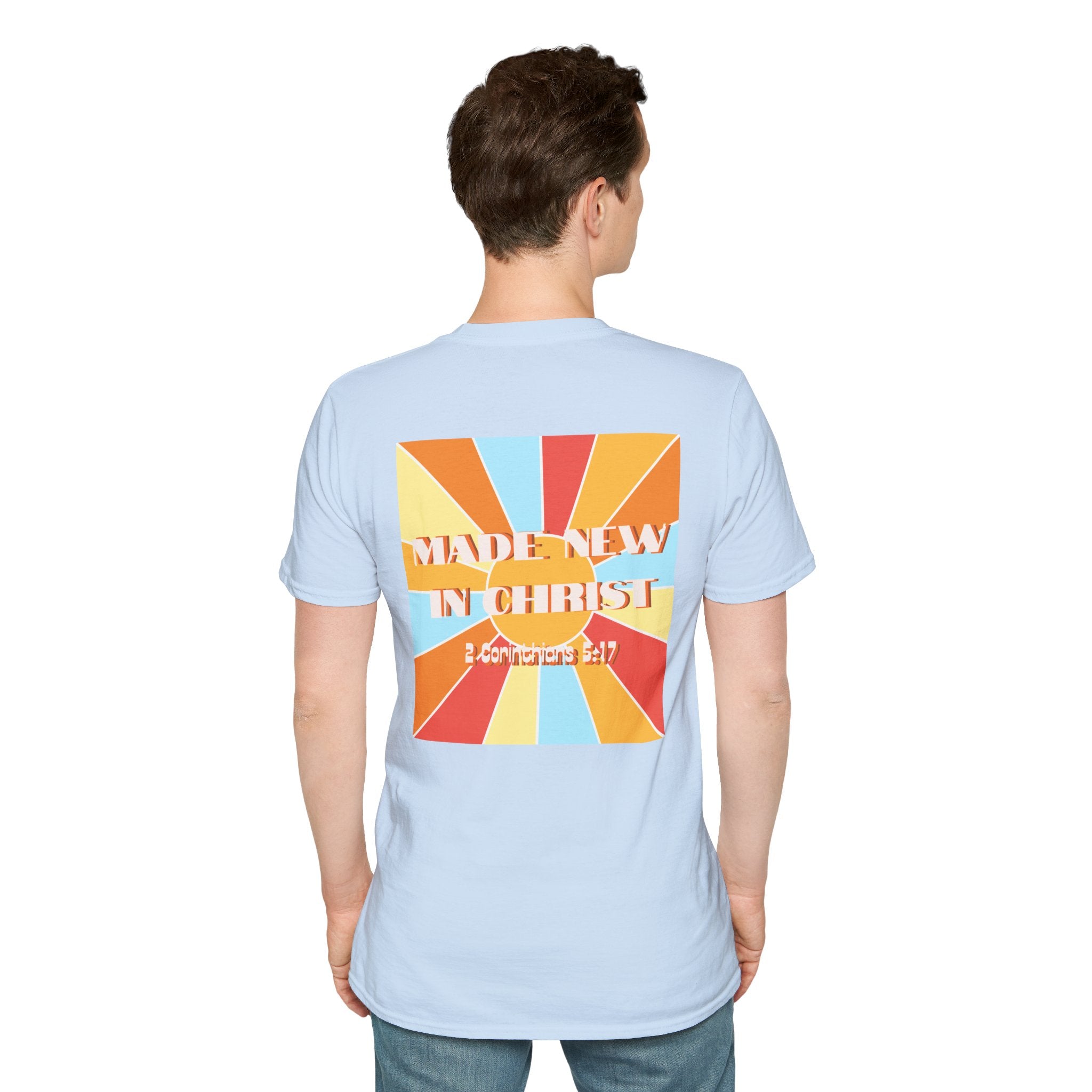 Men's Hello New Me Retro Tee — BACK: 2 Corinthians 5:17