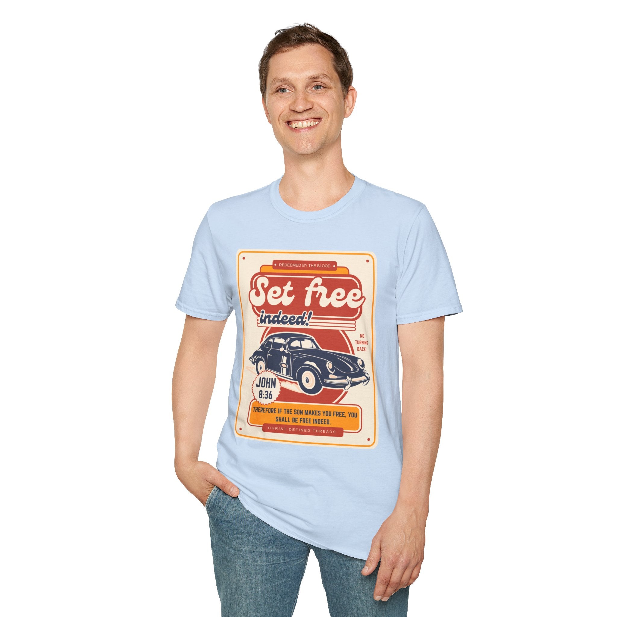 Men's 'Set free Indeed' T‑Shirt — Retro Vintage Car Christian Faith Graphic Tee