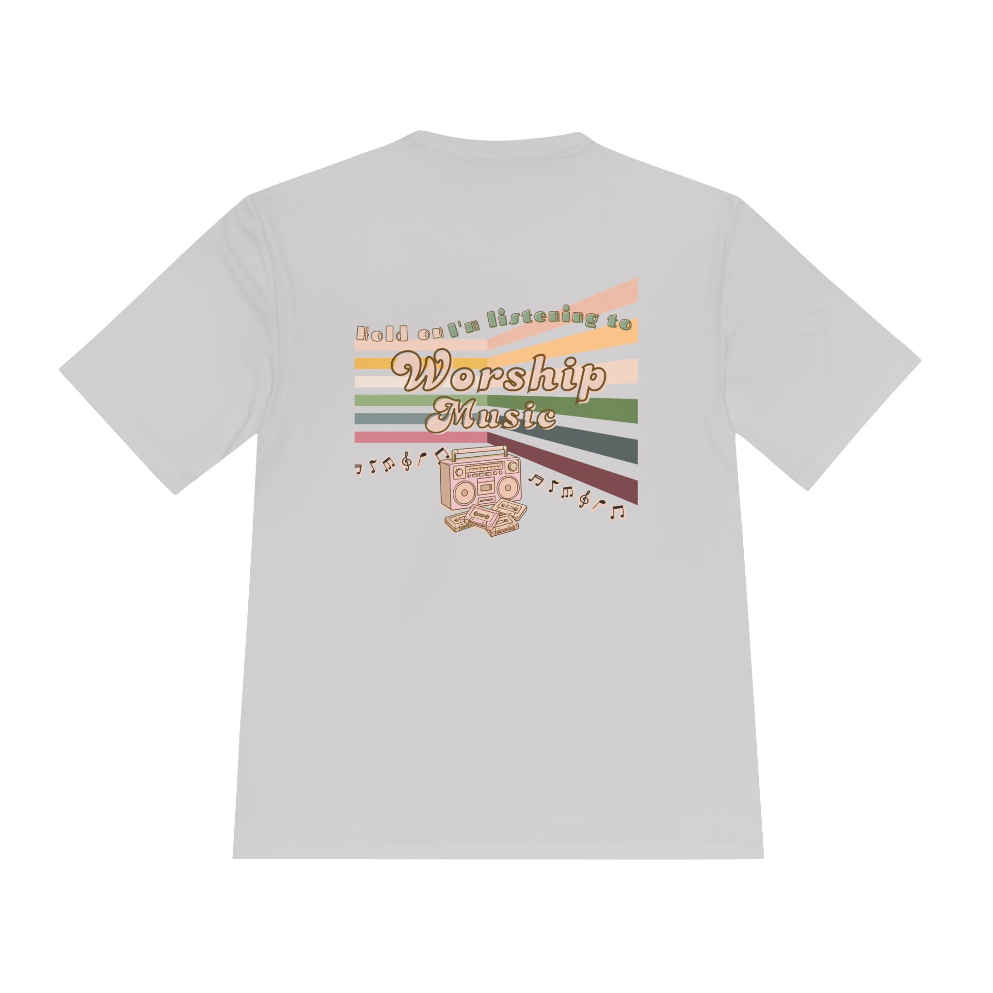 Women's Worship Music Moisture Wicking Tee — Retro Stripes & Speaker Graphic