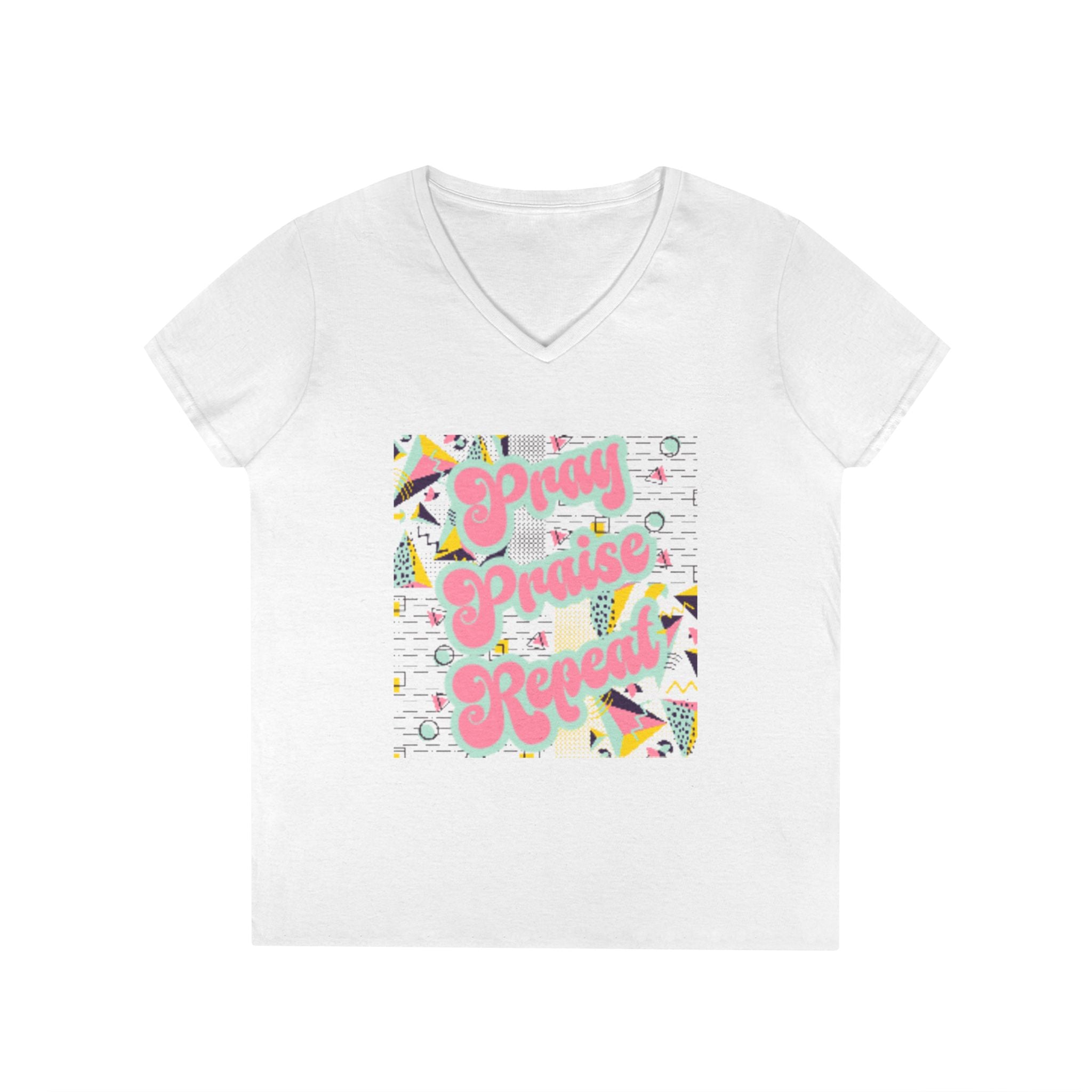 Ladies' V-Neck T-Shirt — "Pray Praise Repeat" Retro Shape Graphic